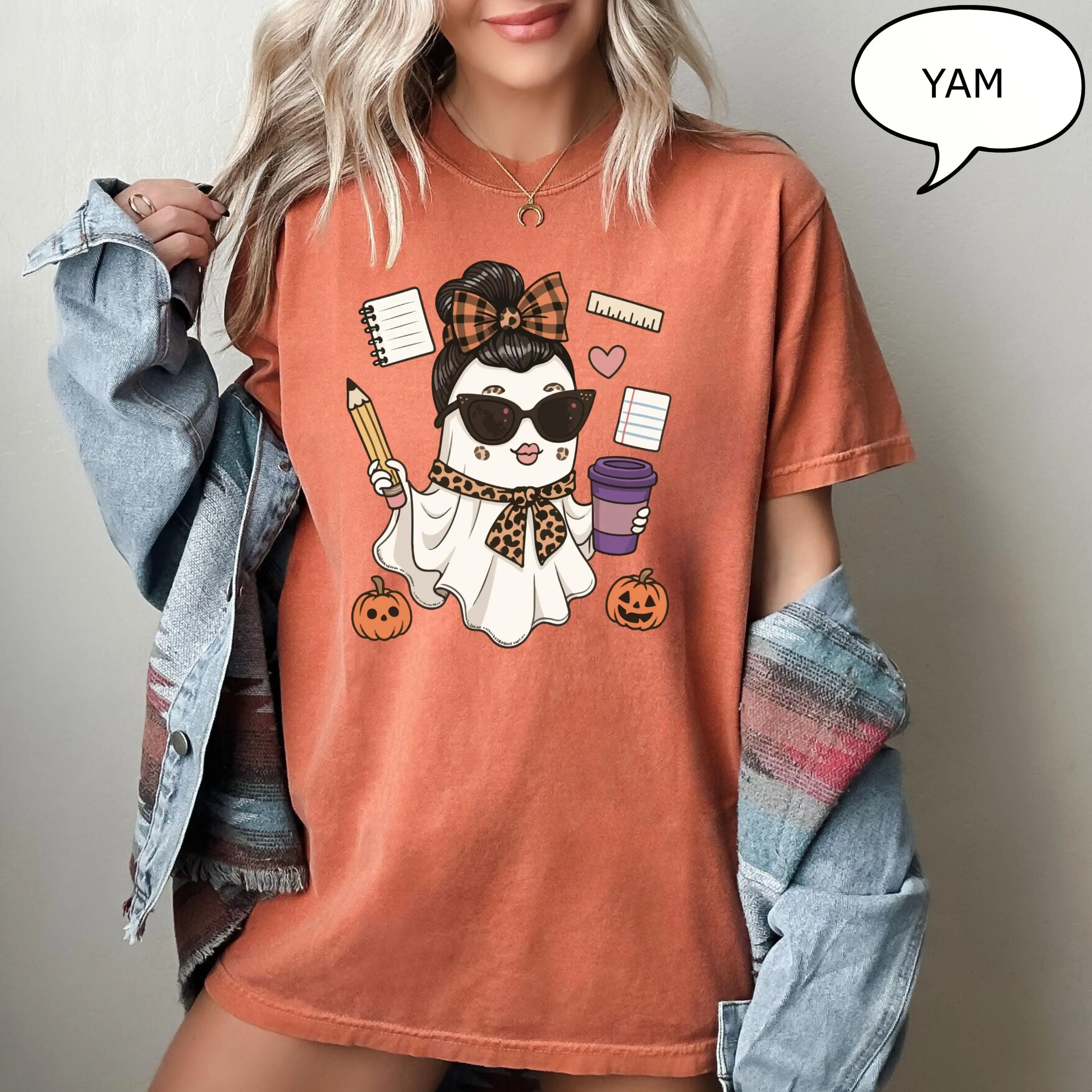 Comfort Colors Teacher Ghost T-Shirt, Spooky Halloween Coffee Drinking Graphic Tee, Fall Gift