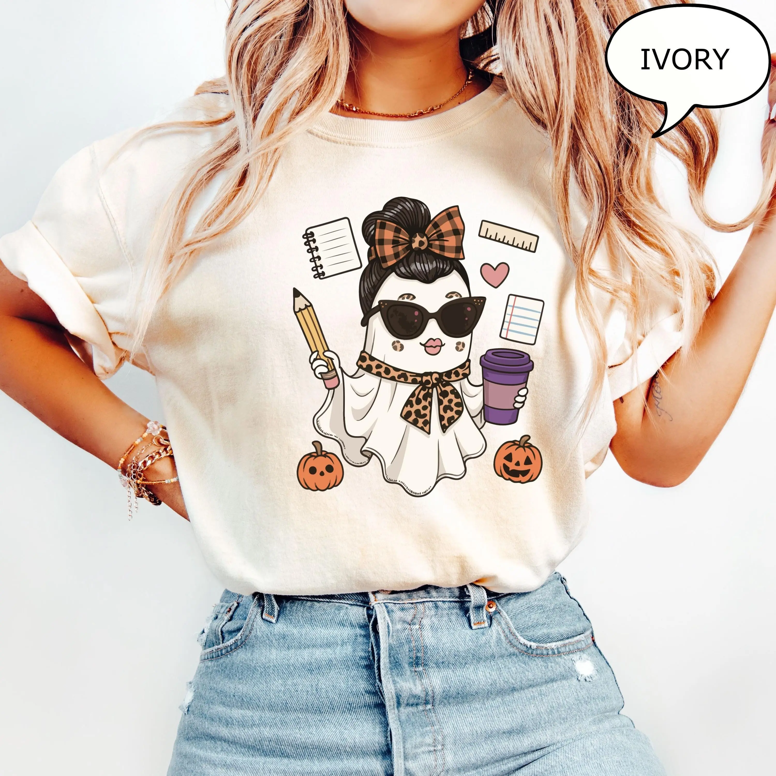 Comfort Colors Teacher Ghost T-Shirt, Spooky Halloween Coffee Drinking Graphic Tee, Fall Gift - photo 2