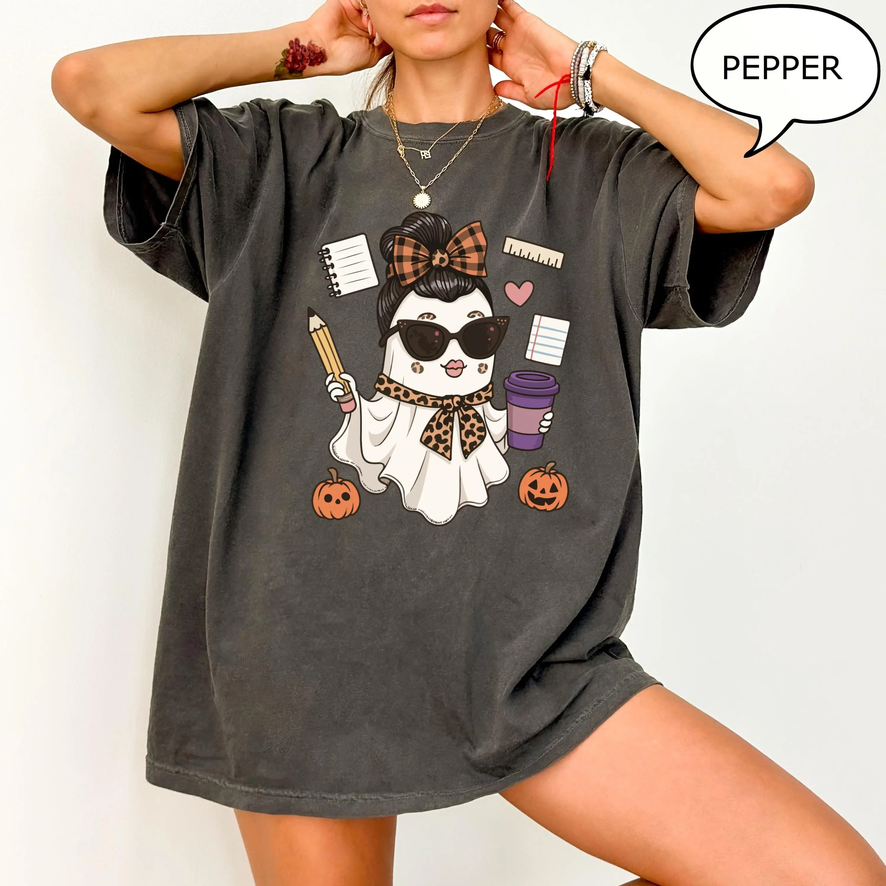 Comfort Colors Teacher Ghost T-Shirt, Spooky Halloween Coffee Drinking Graphic Tee, Fall Gift - photo 3
