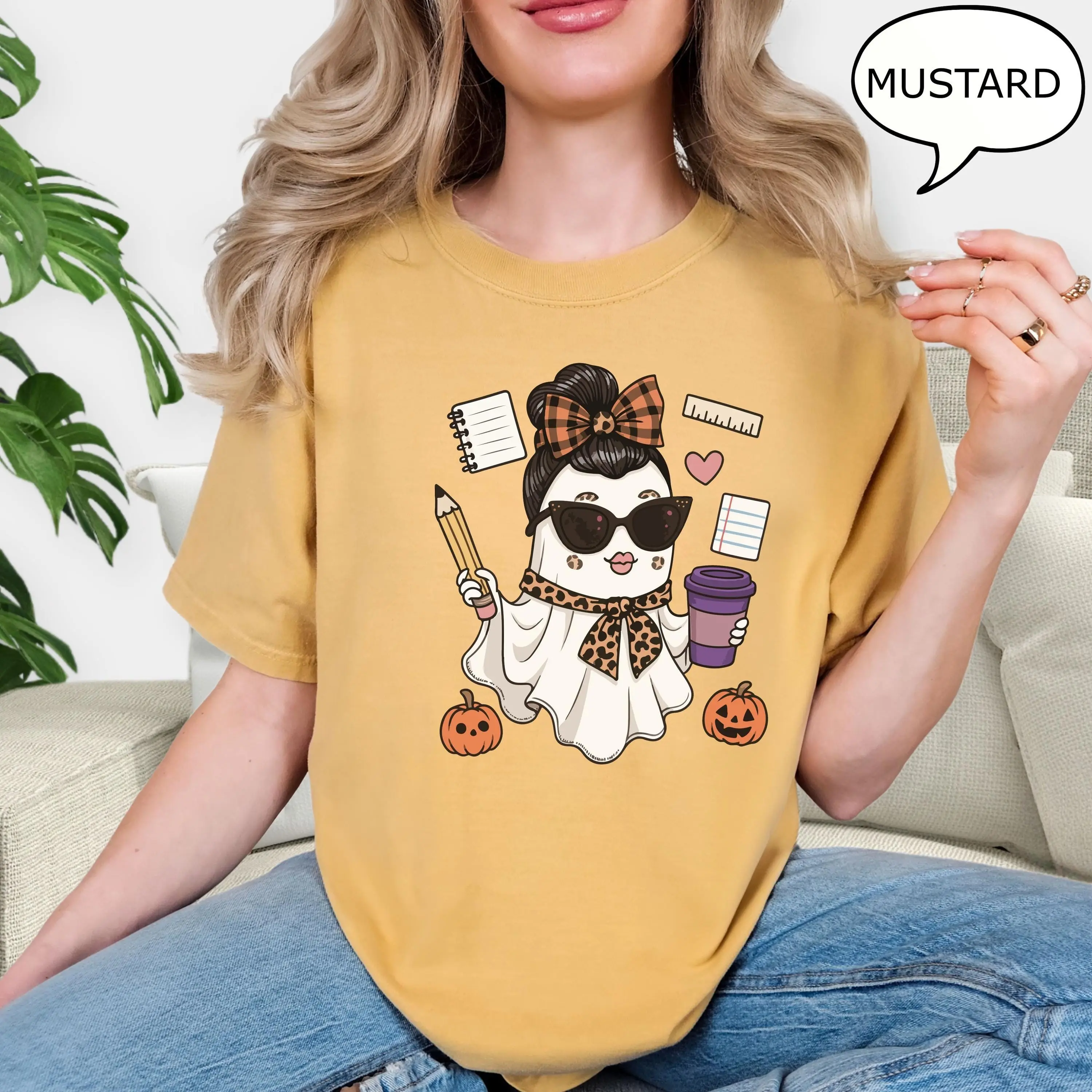 Comfort Colors Teacher Ghost T-Shirt, Spooky Halloween Coffee Drinking Graphic Tee, Fall Gift - photo 4