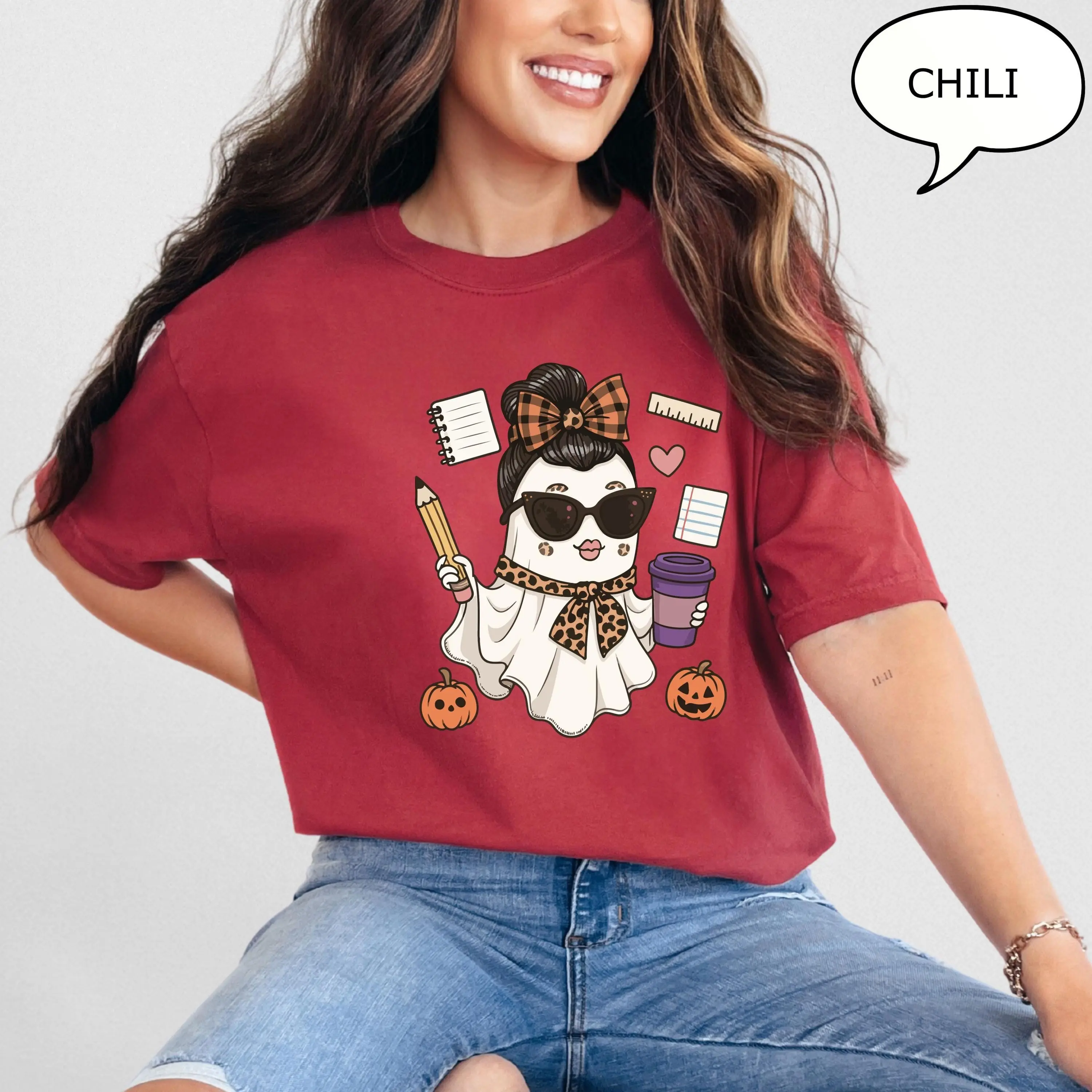 Comfort Colors Teacher Ghost T-Shirt, Spooky Halloween Coffee Drinking Graphic Tee, Fall Gift - photo 5