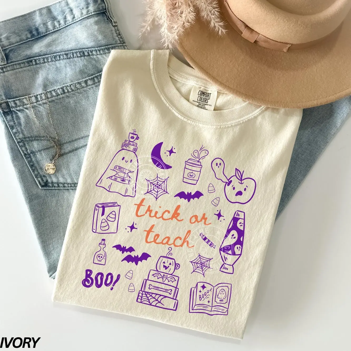 Comfort Colors Trick Or Teach Halloween Shirt, Cute Retro Ghost Spooky Teacher Graphic Tee