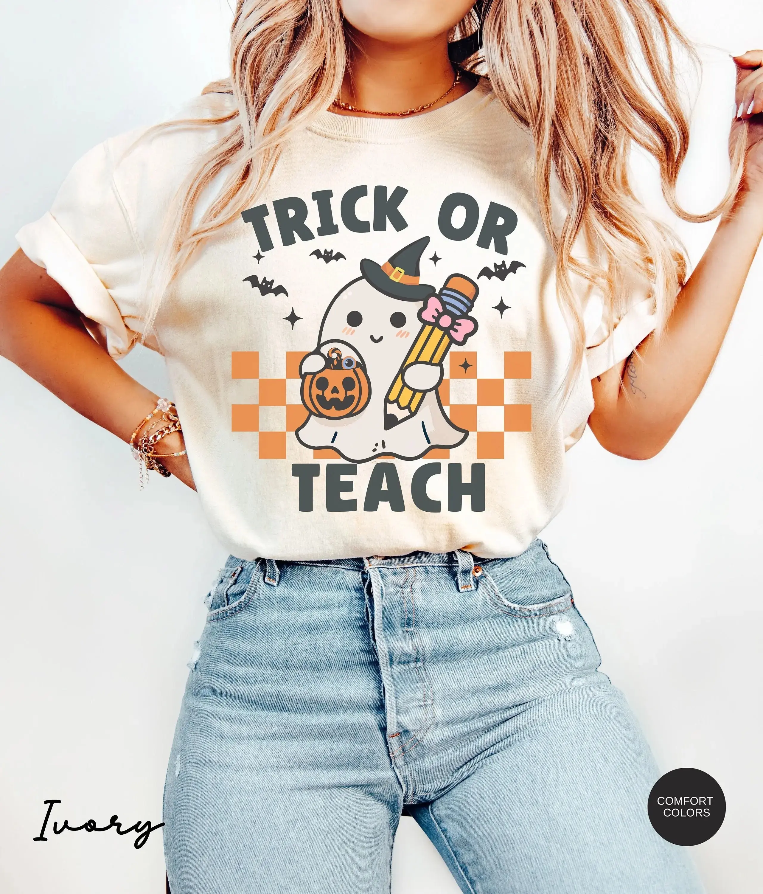 Comfort Colors Teacher Halloween Shirt, Trick Or Teach Retro Ghost Tee, Cute Funny Spooky Gift Top