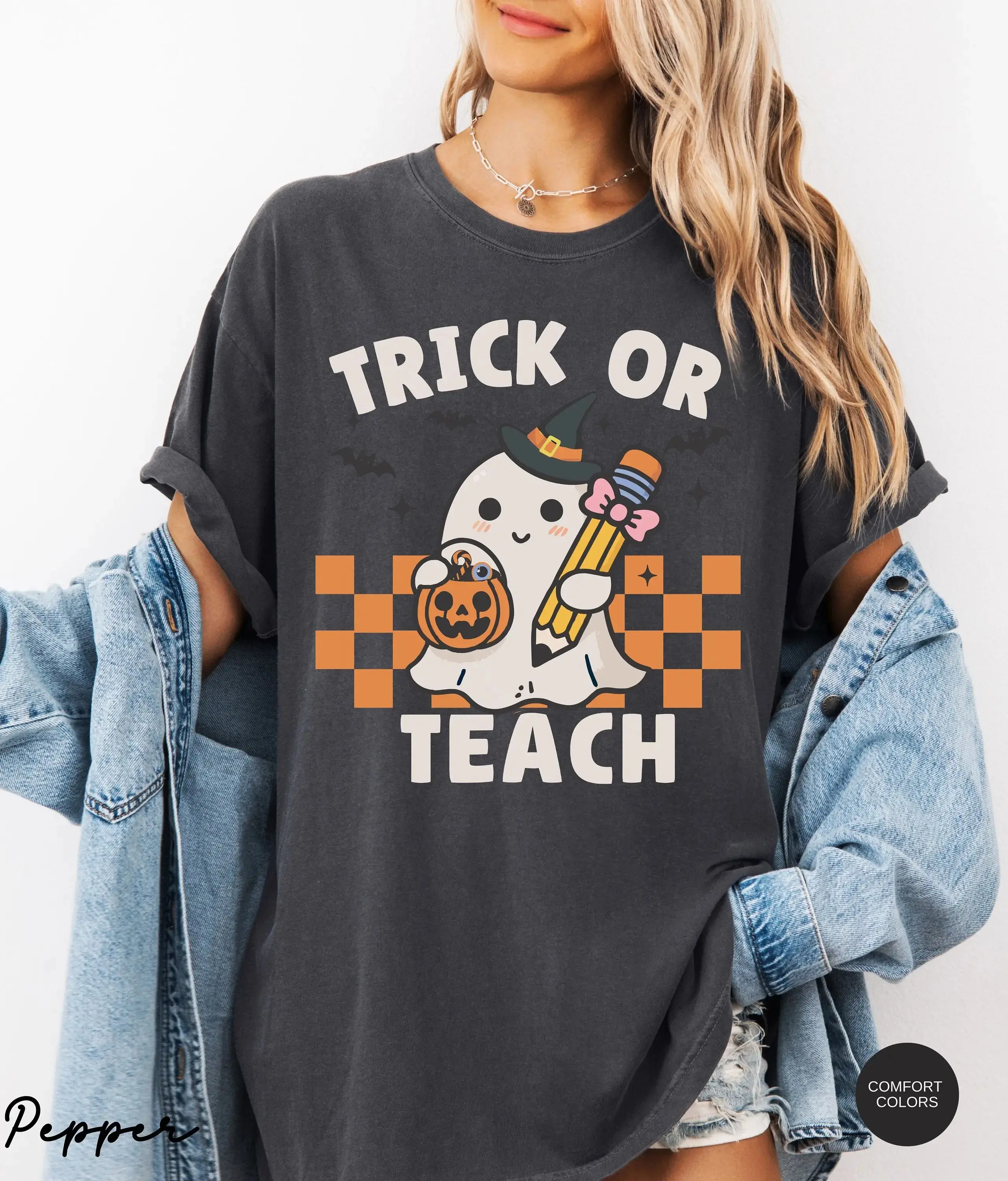 Comfort Colors Teacher Halloween Shirt, Trick Or Teach Retro Ghost Tee, Cute Funny Spooky Gift Top - photo 2