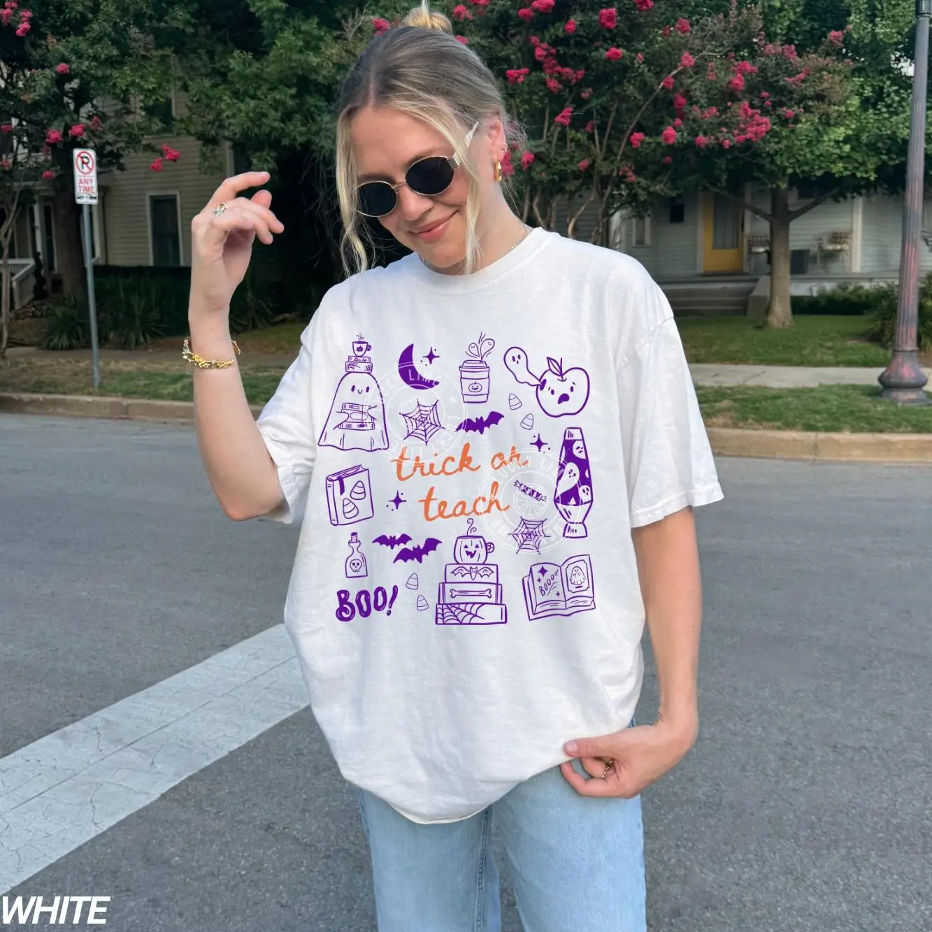 Comfort Colors Trick Or Teach Halloween Shirt, Cute Retro Ghost Spooky Teacher Graphic Tee - photo 2