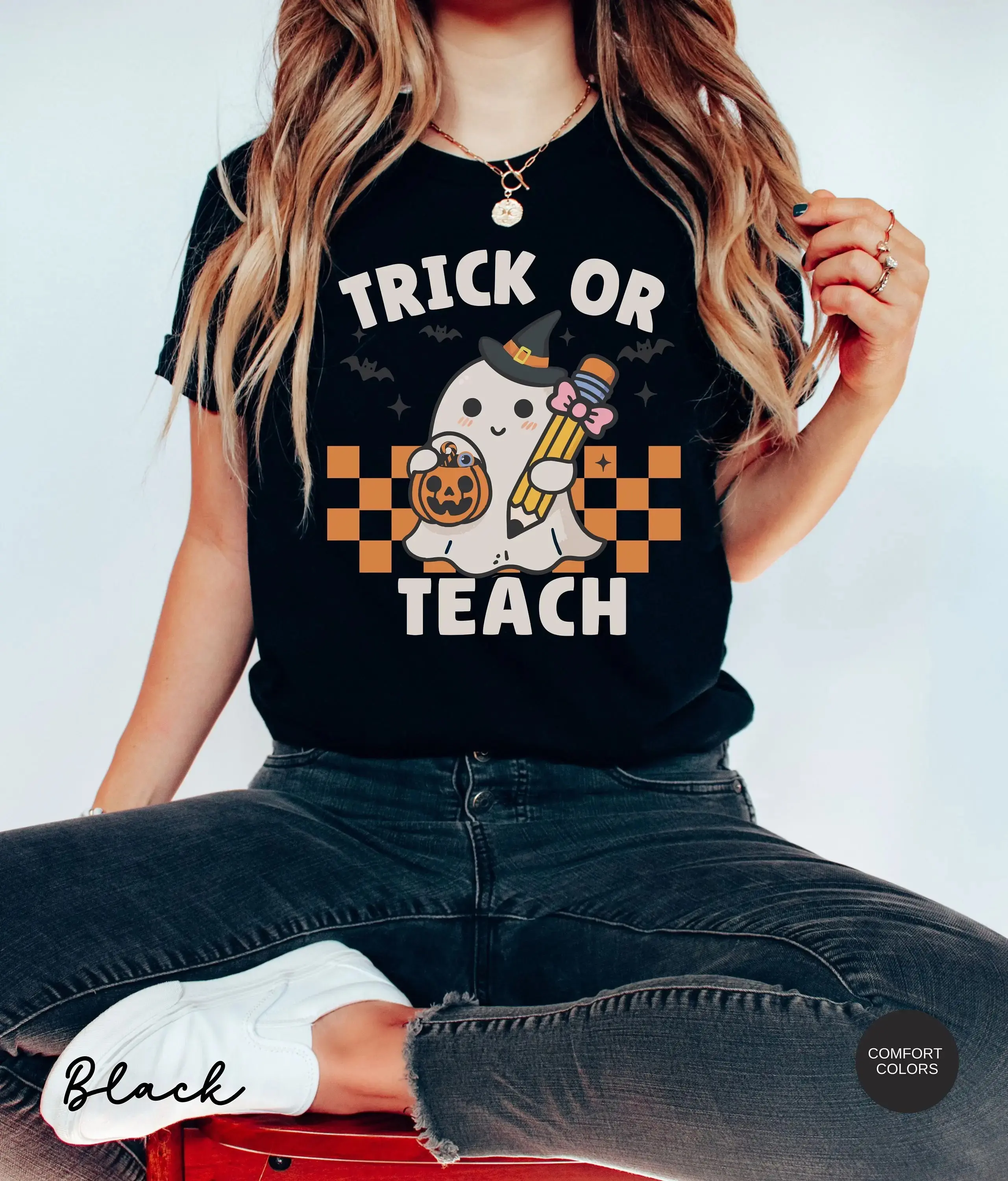 Comfort Colors Teacher Halloween Shirt, Trick Or Teach Retro Ghost Tee, Cute Funny Spooky Gift Top - photo 3