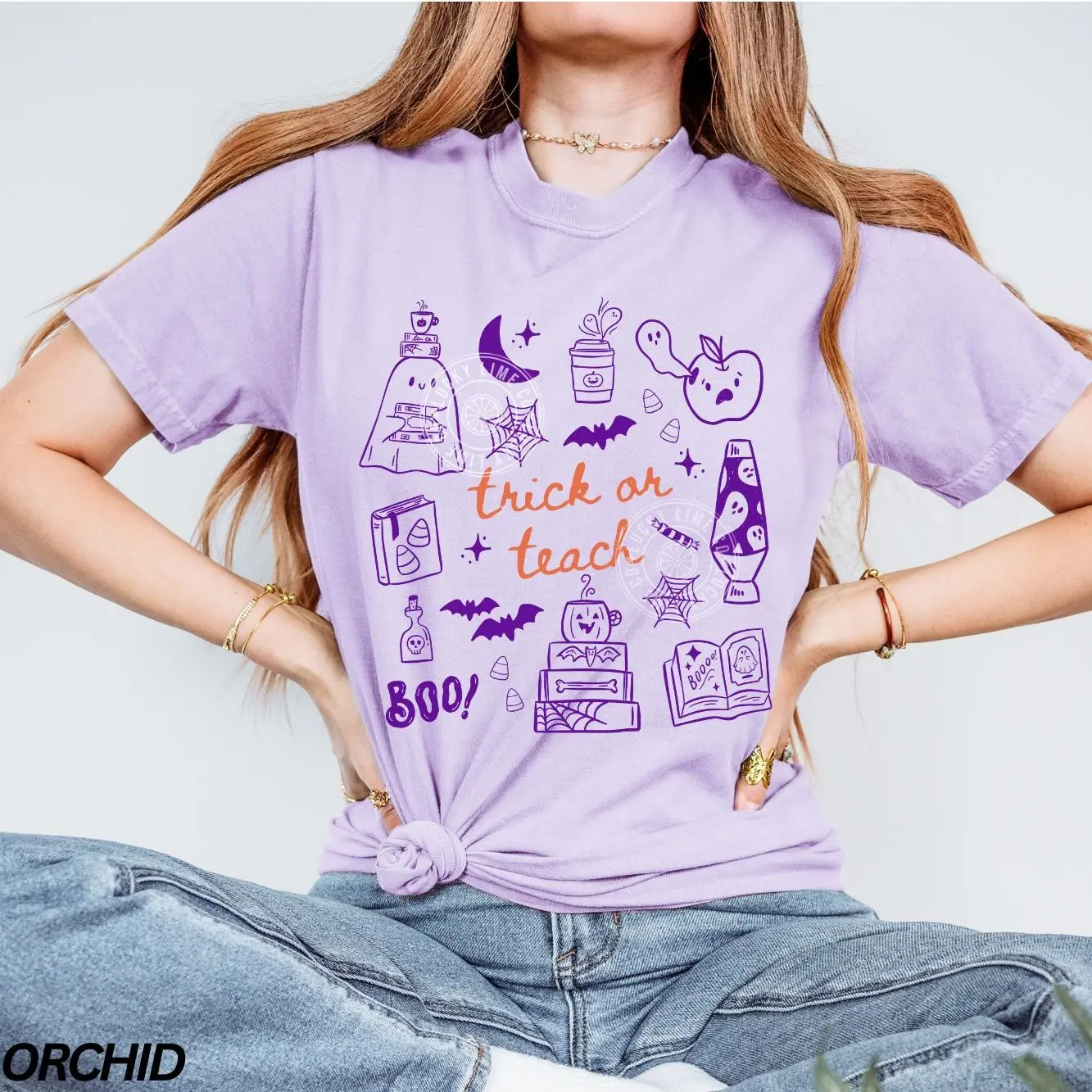 Comfort Colors Trick Or Teach Halloween Shirt, Cute Retro Ghost Spooky Teacher Graphic Tee - photo 3