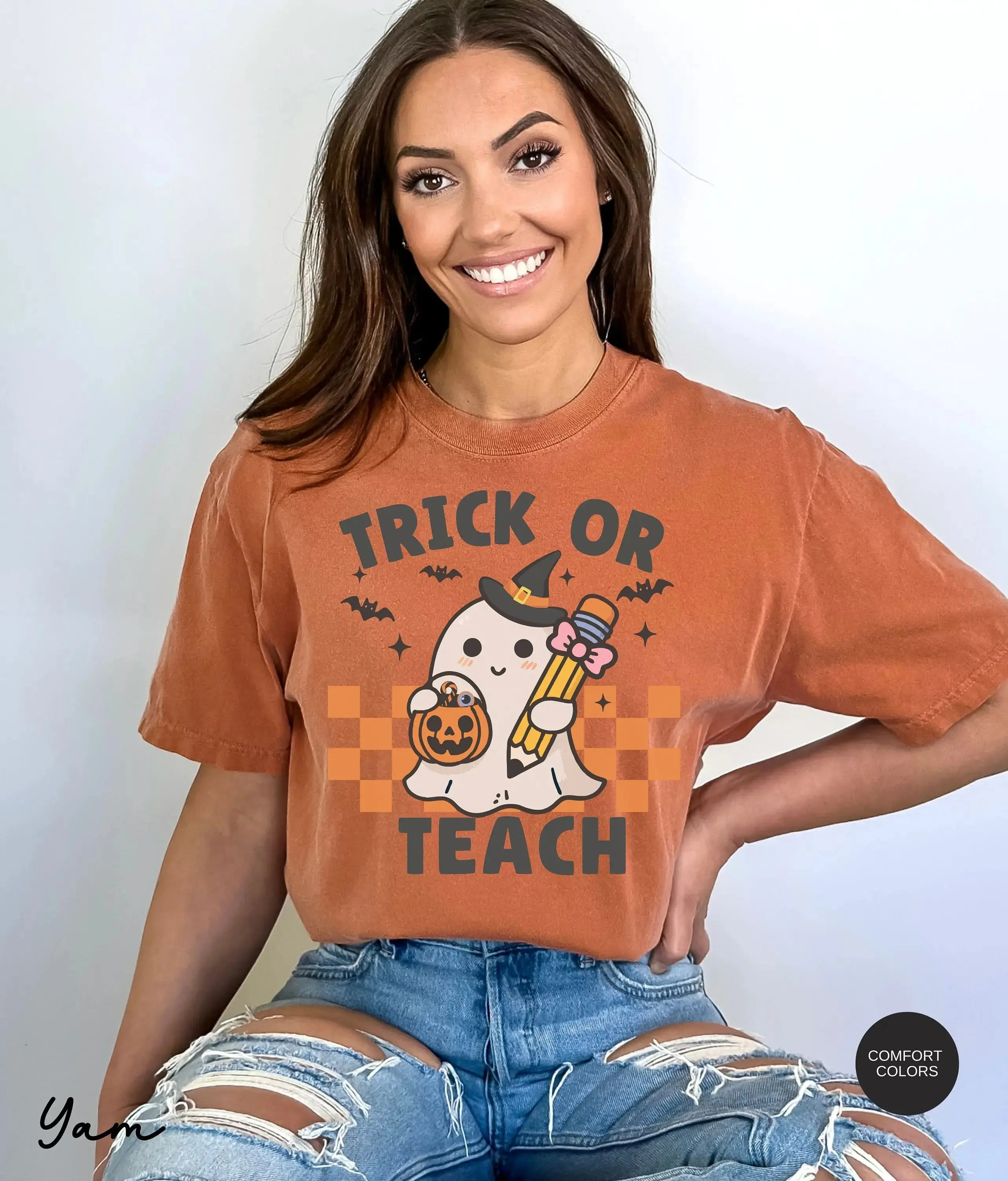 Comfort Colors Teacher Halloween Shirt, Trick Or Teach Retro Ghost Tee, Cute Funny Spooky Gift Top - photo 4