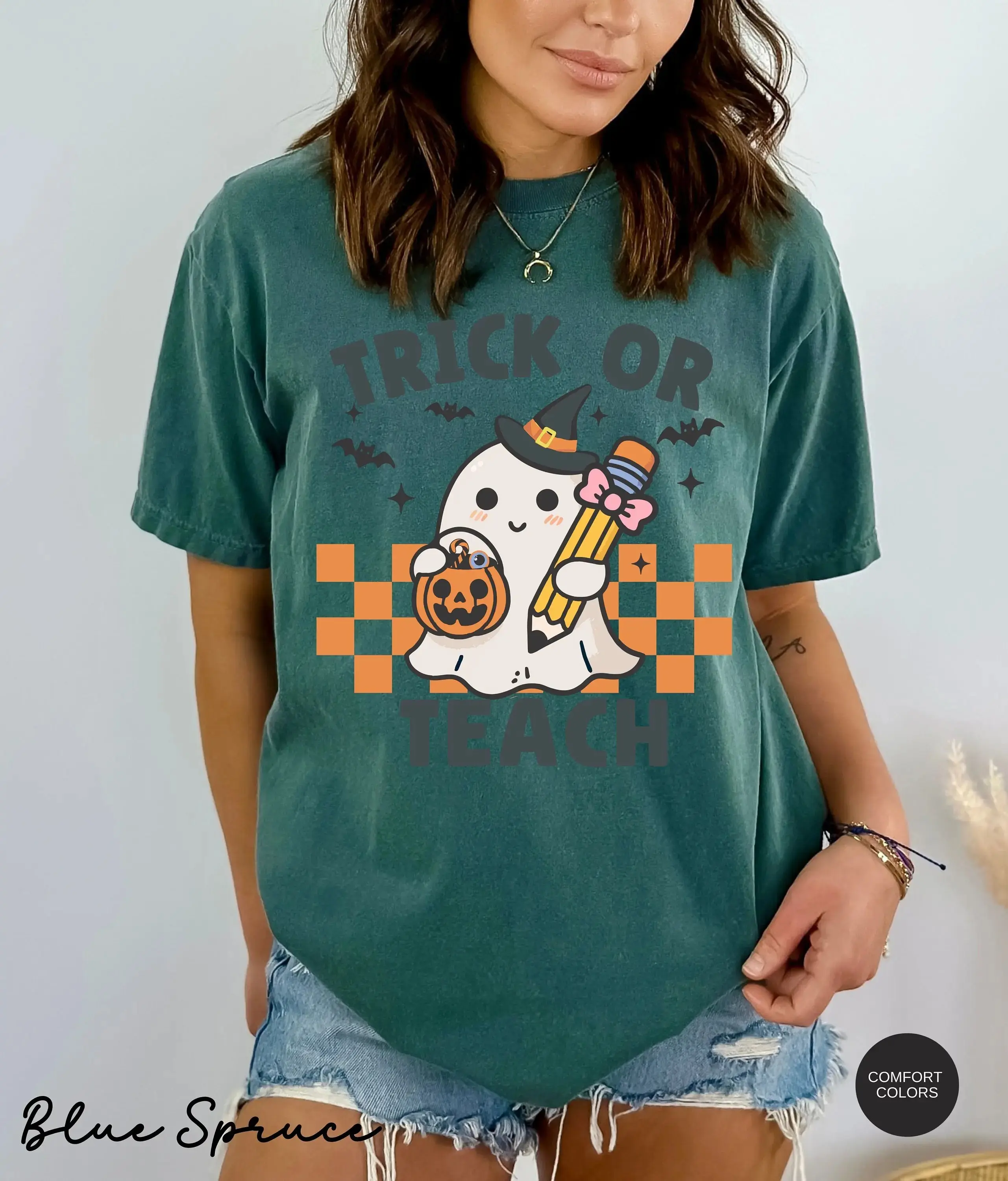 Comfort Colors Teacher Halloween Shirt, Trick Or Teach Retro Ghost Tee, Cute Funny Spooky Gift Top - photo 5