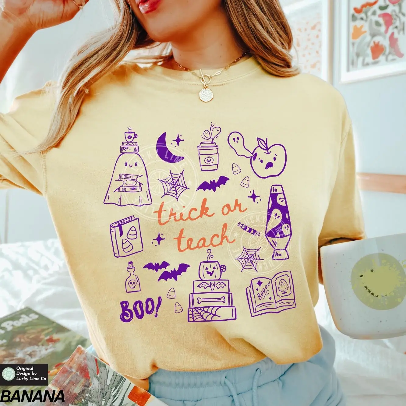 Comfort Colors Trick Or Teach Halloween Shirt, Cute Retro Ghost Spooky Teacher Graphic Tee - photo 5