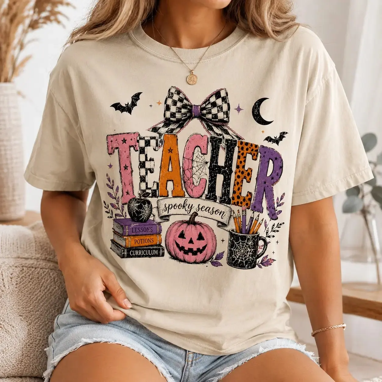 Comfort Colors Teacher Shirt, Spooky Season Pumpkin Books Halloween Tee, Cute Coquette School Class Gift for Women