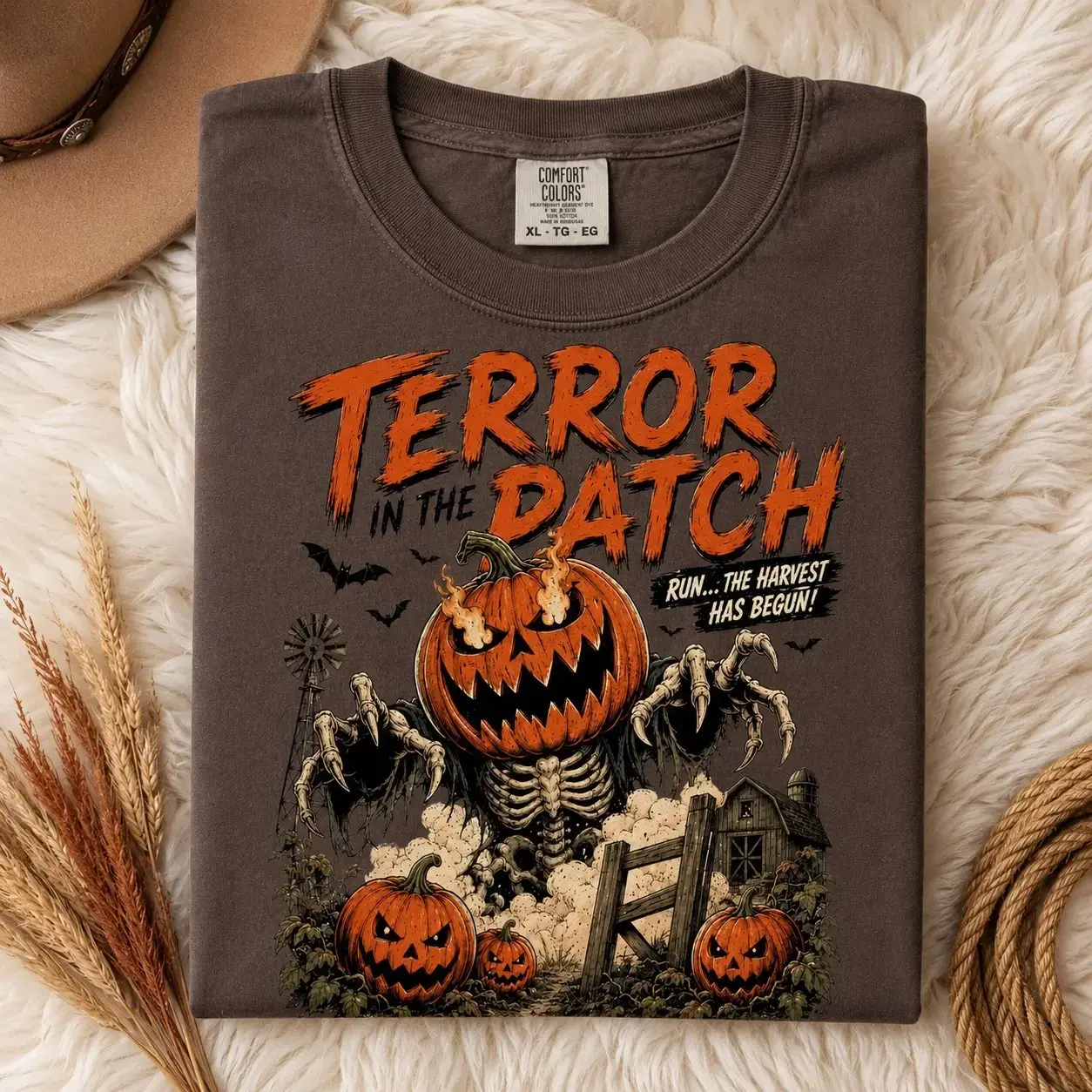 Comfort Colors Terror in the Patch T-Shirt, Vintage Halloween Pumpkin Skeleton Retro Horror Scarecrow Tee