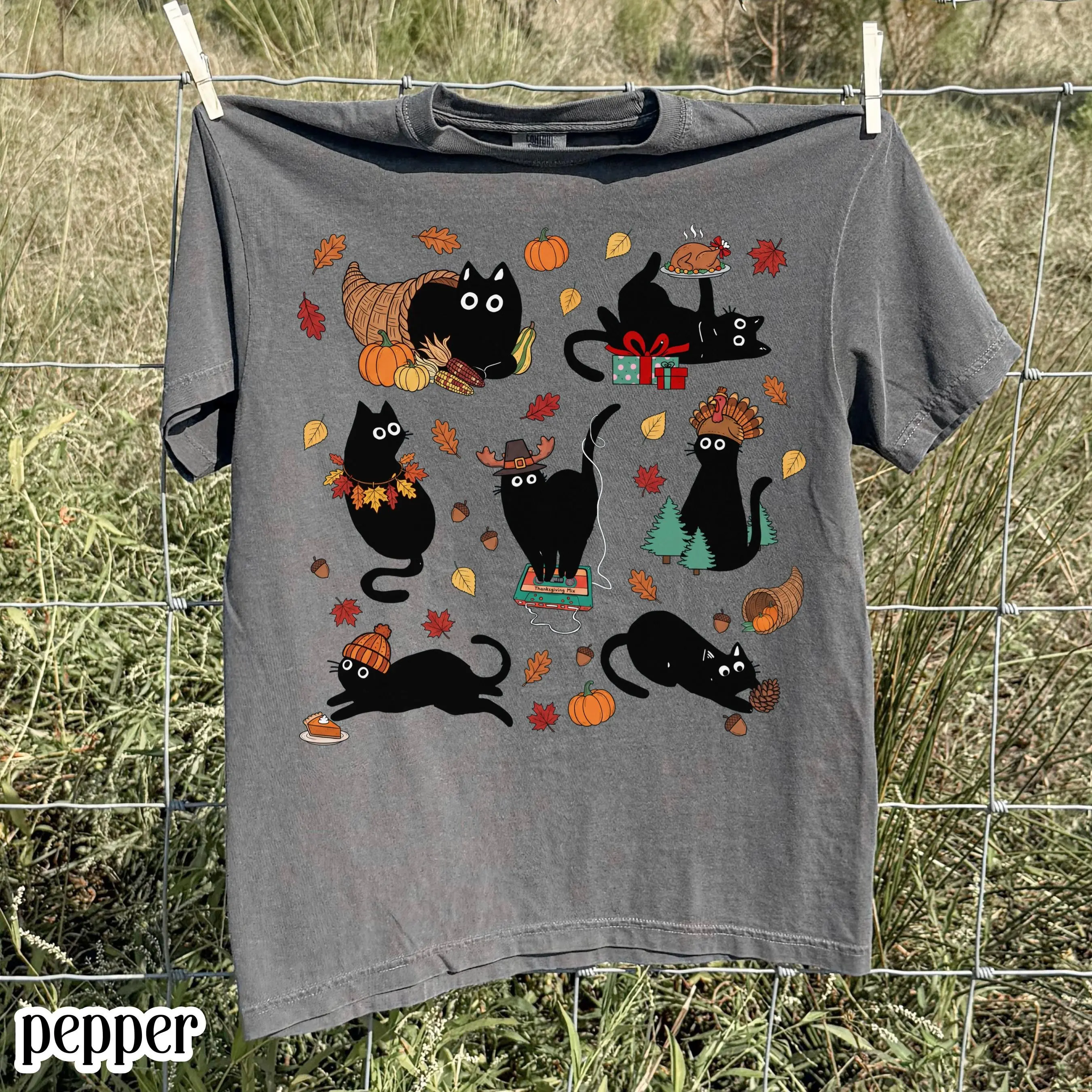 Comfort Colors Retro Black Cat Thanksgiving Shirt, Vintage Cozy Season Cute Kitty Autumn Tee - photo 3