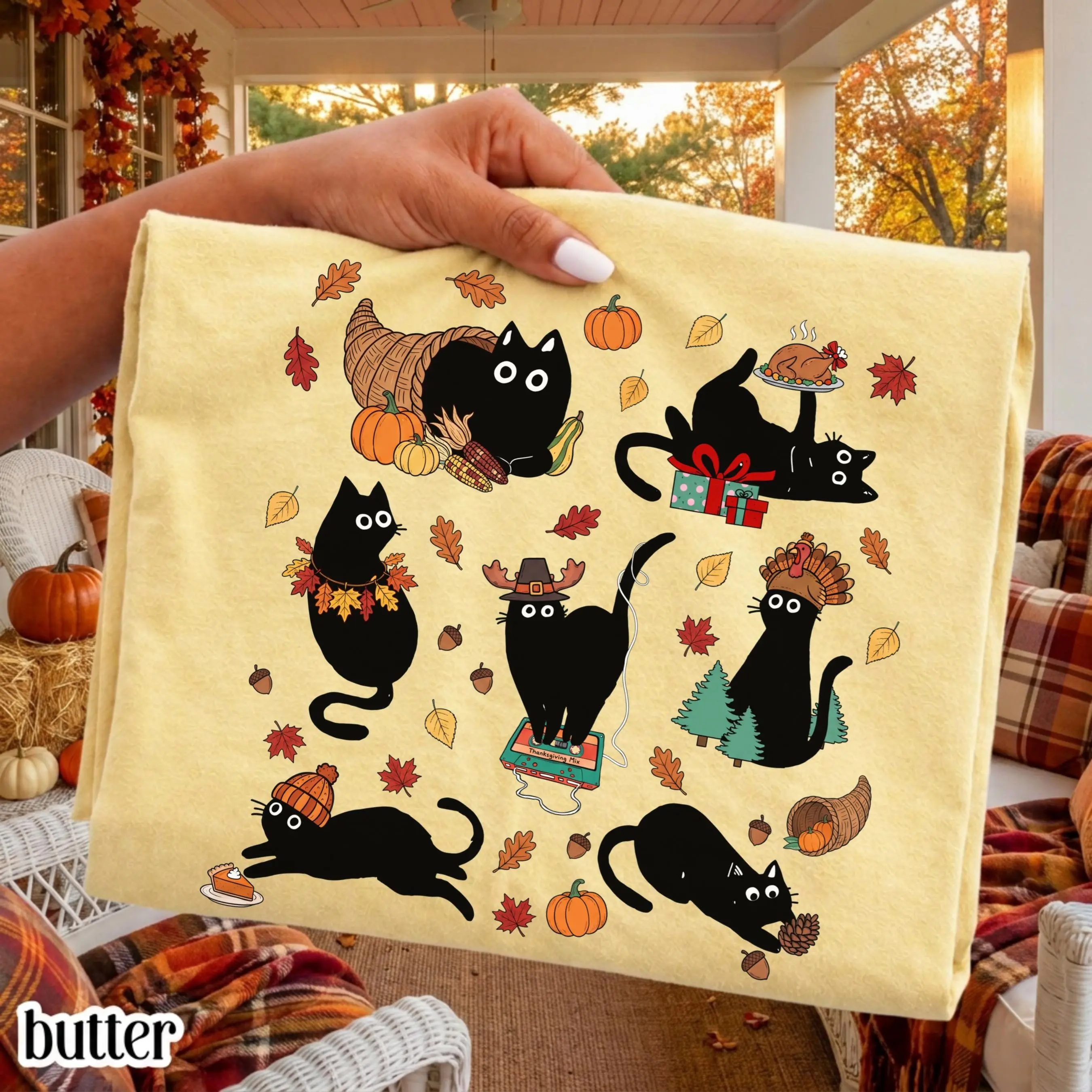 Comfort Colors Retro Black Cat Thanksgiving Shirt, Vintage Cozy Season Cute Kitty Autumn Tee - photo 4