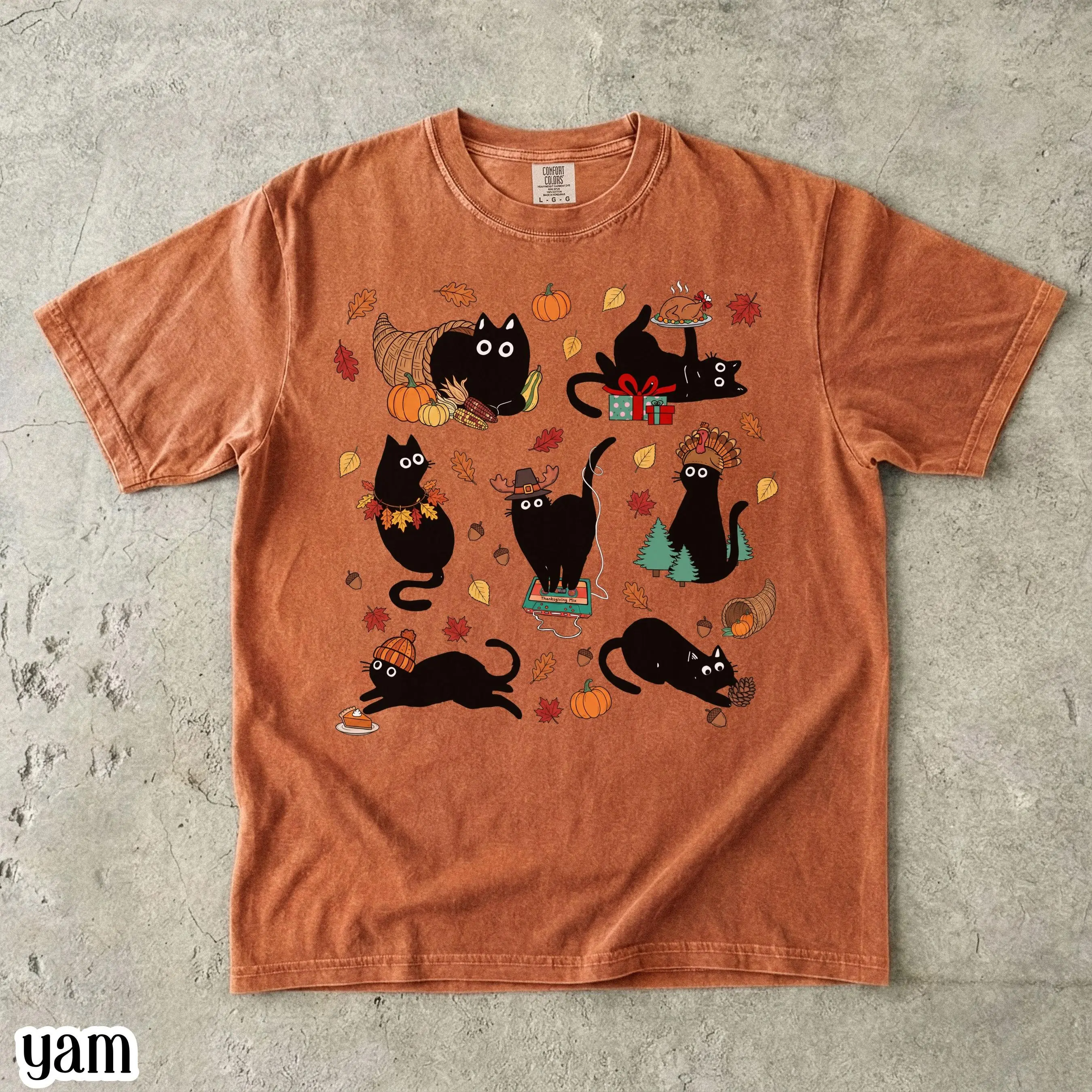 Comfort Colors Retro Black Cat Thanksgiving Shirt, Vintage Cozy Season Cute Kitty Autumn Tee - photo 5
