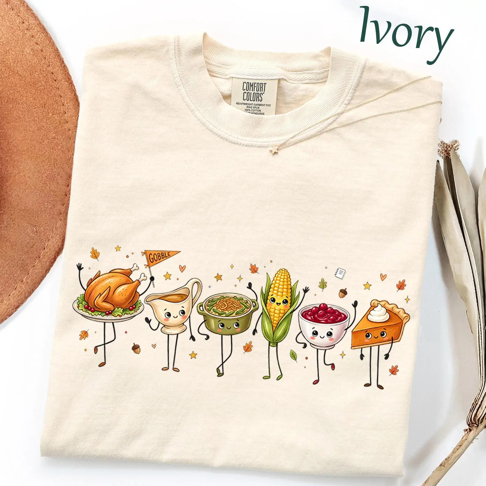 Comfort Colors Thanksgiving Doodle Shirt, Fall Food Characters Funny Friendsgiving Turkey Pumpkin Pie Cozy Tee
