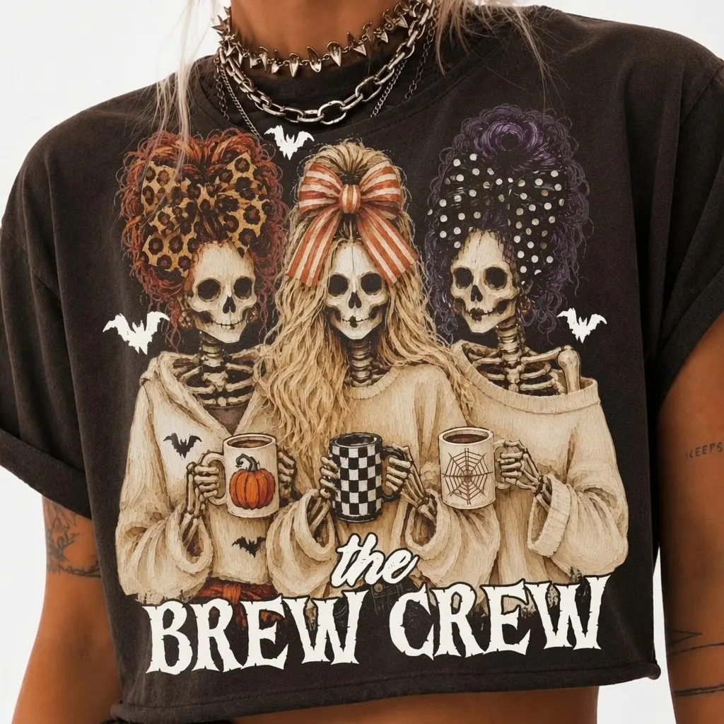 Comfort Colors The Brew Crew Preppy Halloween Skeleton Shirt, Coquette Skull Girls Spooky Coffee Lover Vintage Fall Tee