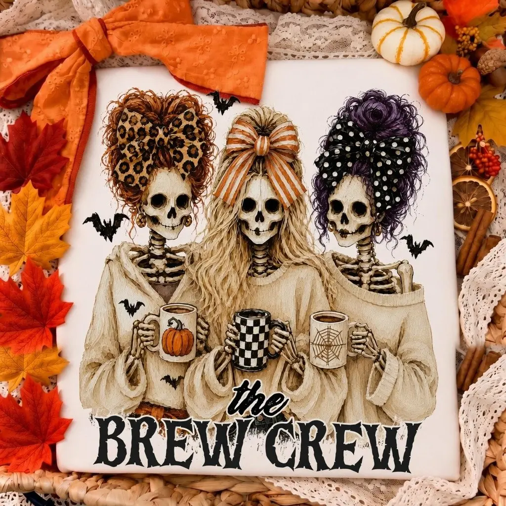 Comfort Colors The Brew Crew Preppy Halloween Skeleton Shirt, Coquette Skull Girls Spooky Coffee Lover Vintage Fall Tee - photo 2