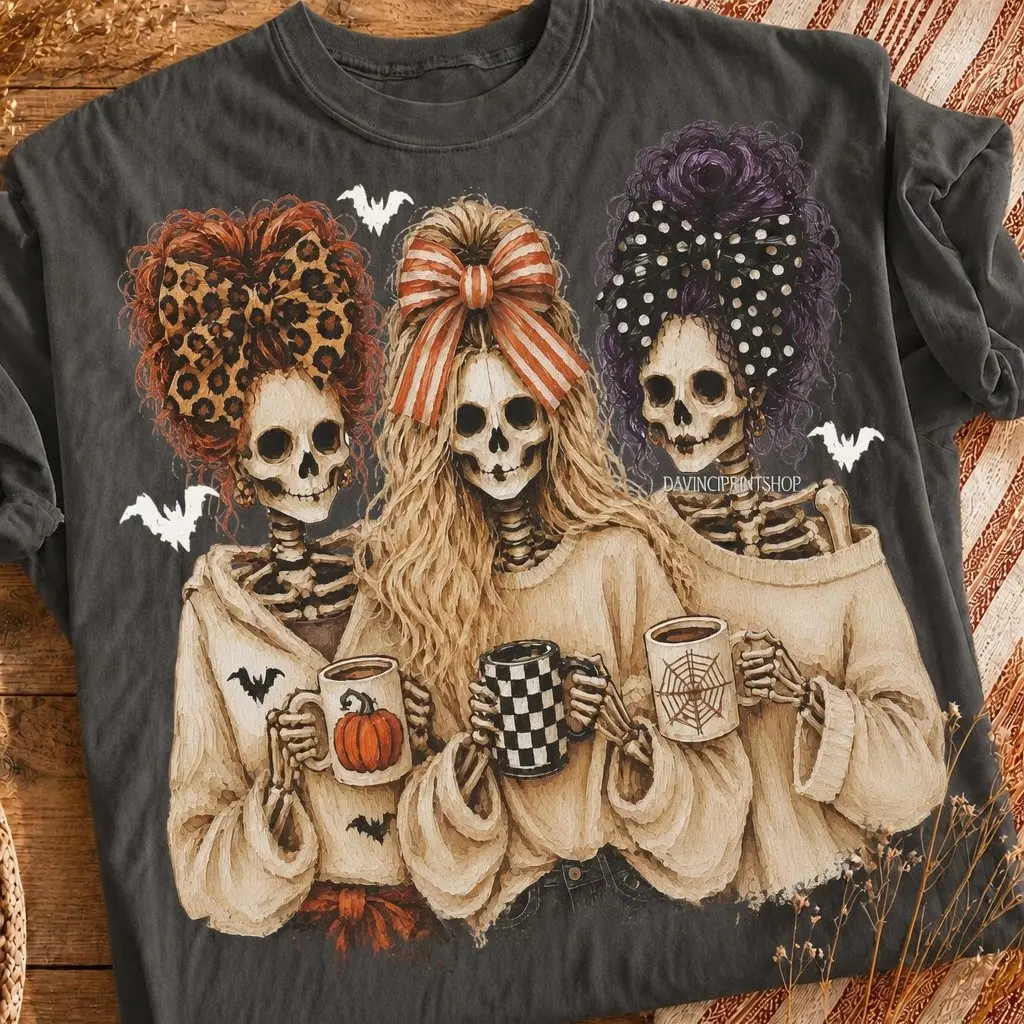 Comfort Colors The Brew Crew Preppy Halloween Skeleton Shirt, Coquette Skull Girls Spooky Coffee Lover Vintage Fall Tee - photo 3