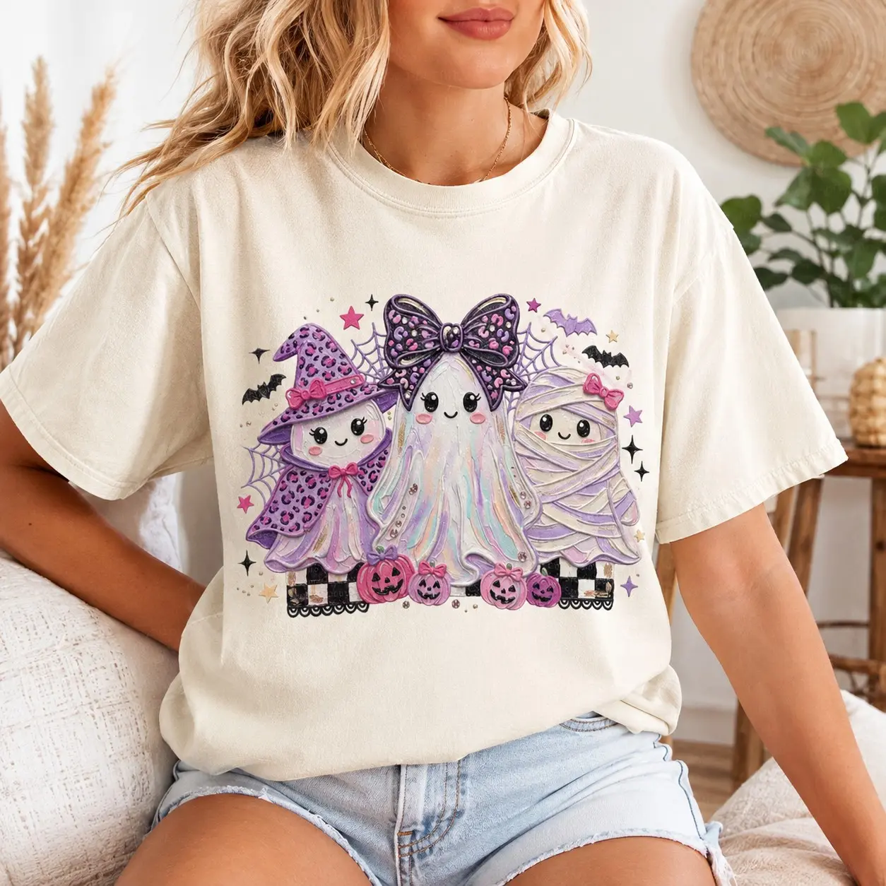 Comfort Colors Three Cute Ghosts Witch Mummy Shirt, Vintage Charming Coquette Halloween Party Fall Gift