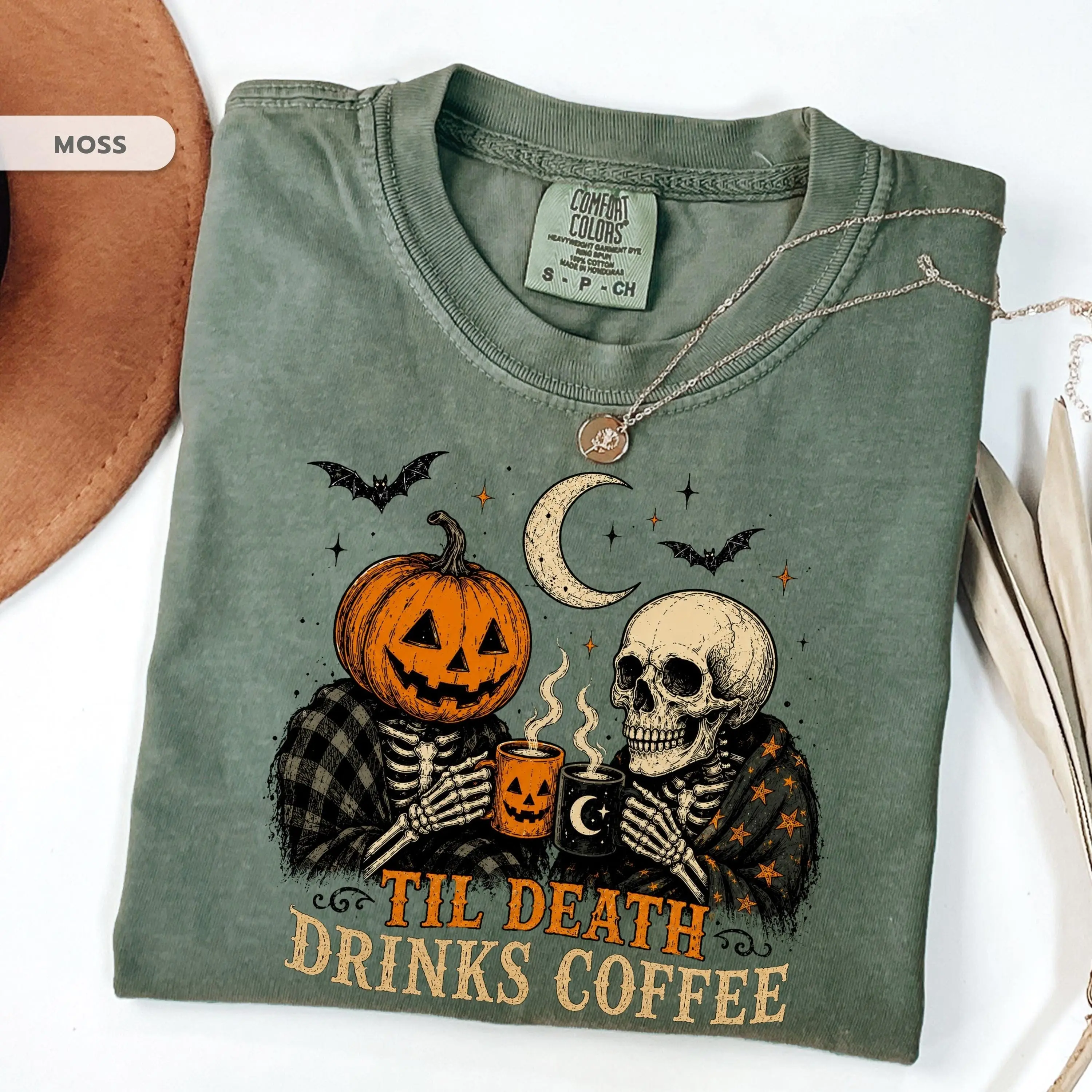 Comfort Colors Til Death Drinks Coffee Shirt, Pumpkin Skull Halloween Tee, Gothic Spooky Fall Latte Lover Graphic Top