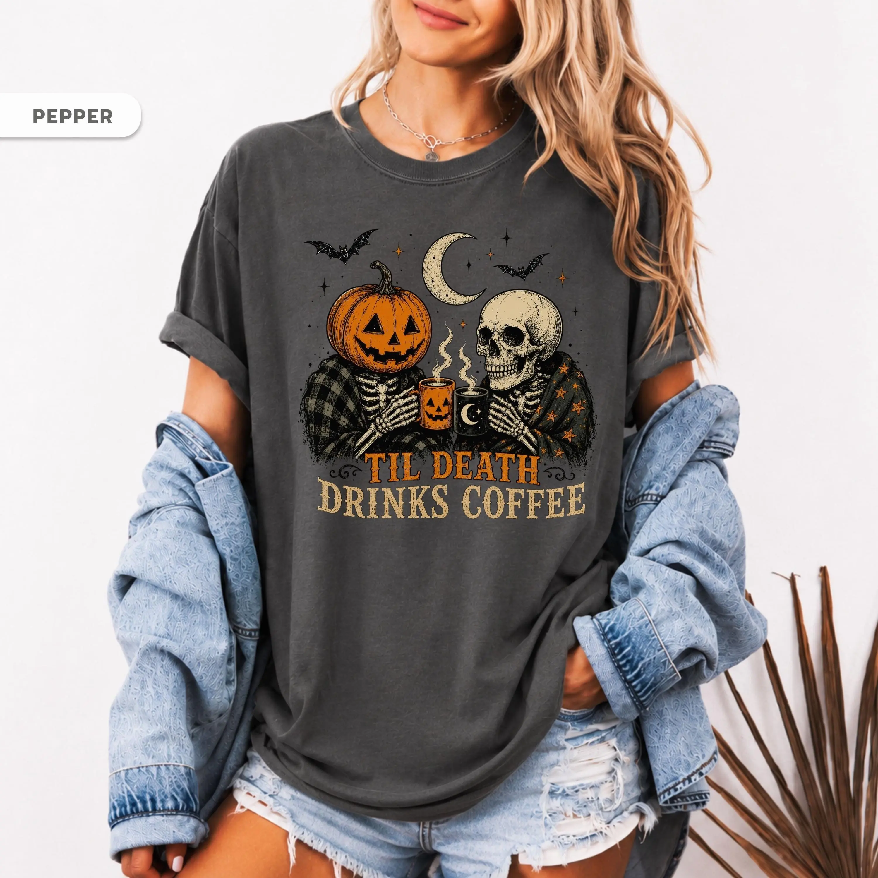 Comfort Colors Til Death Drinks Coffee Shirt, Pumpkin Skull Halloween Tee, Gothic Spooky Fall Latte Lover Graphic Top - photo 2