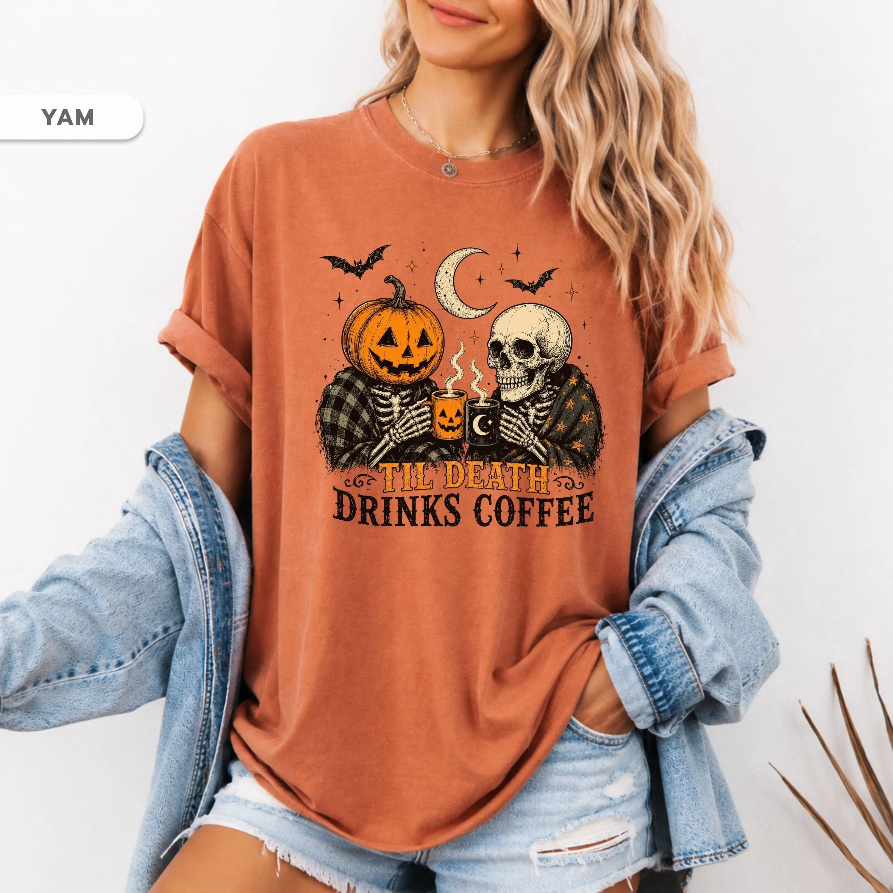Comfort Colors Til Death Drinks Coffee Shirt, Pumpkin Skull Halloween Tee, Gothic Spooky Fall Latte Lover Graphic Top - photo 3