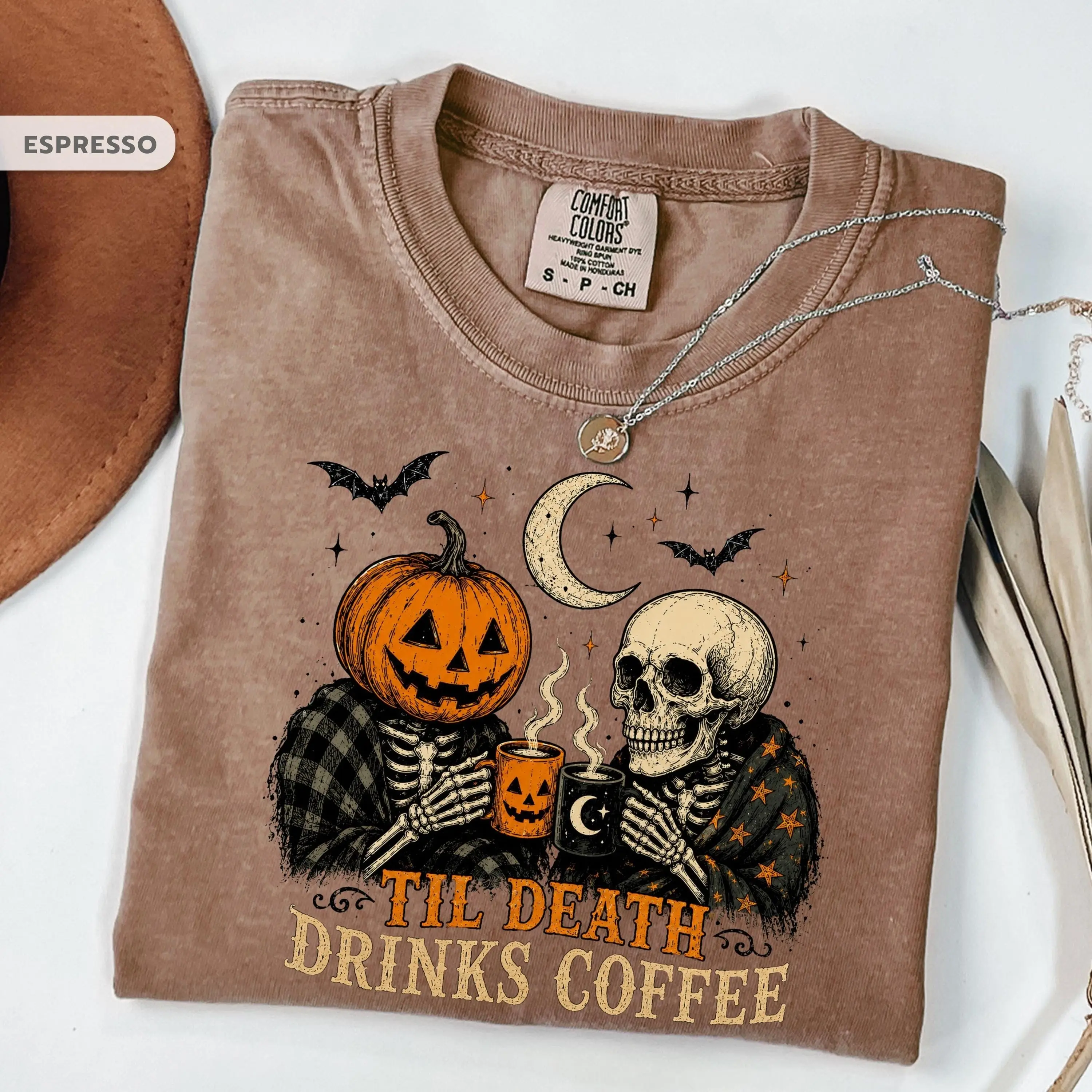 Comfort Colors Til Death Drinks Coffee Shirt, Pumpkin Skull Halloween Tee, Gothic Spooky Fall Latte Lover Graphic Top - photo 4