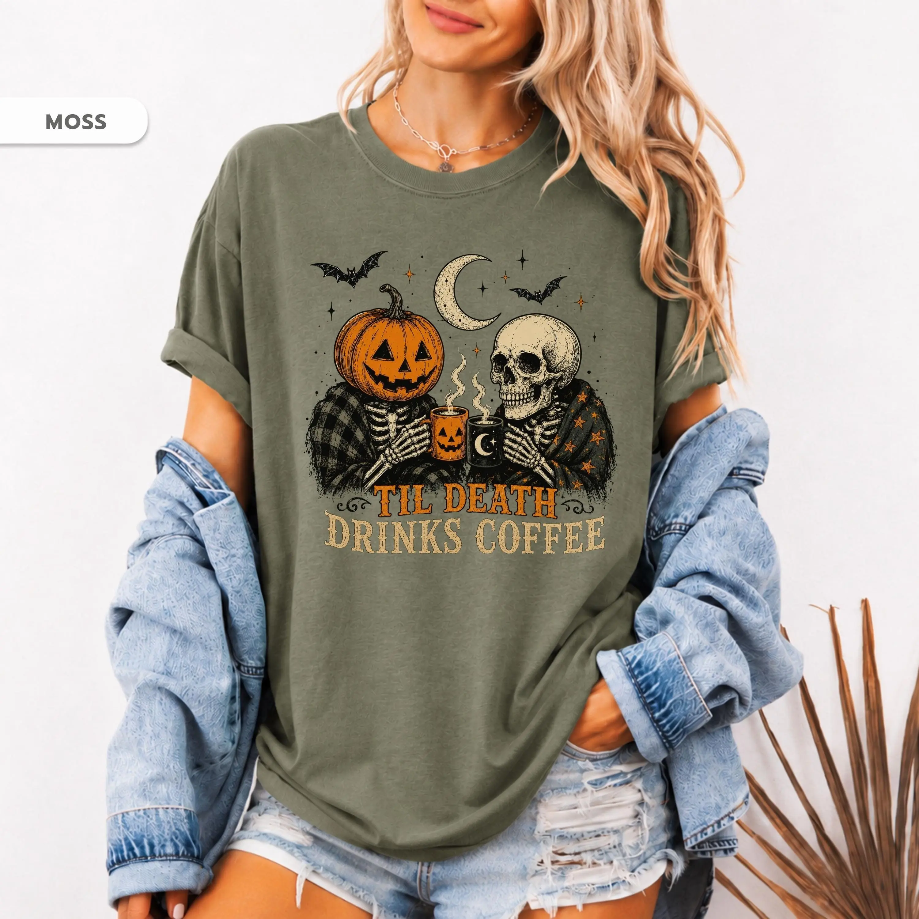 Comfort Colors Til Death Drinks Coffee Shirt, Pumpkin Skull Halloween Tee, Gothic Spooky Fall Latte Lover Graphic Top - photo 5