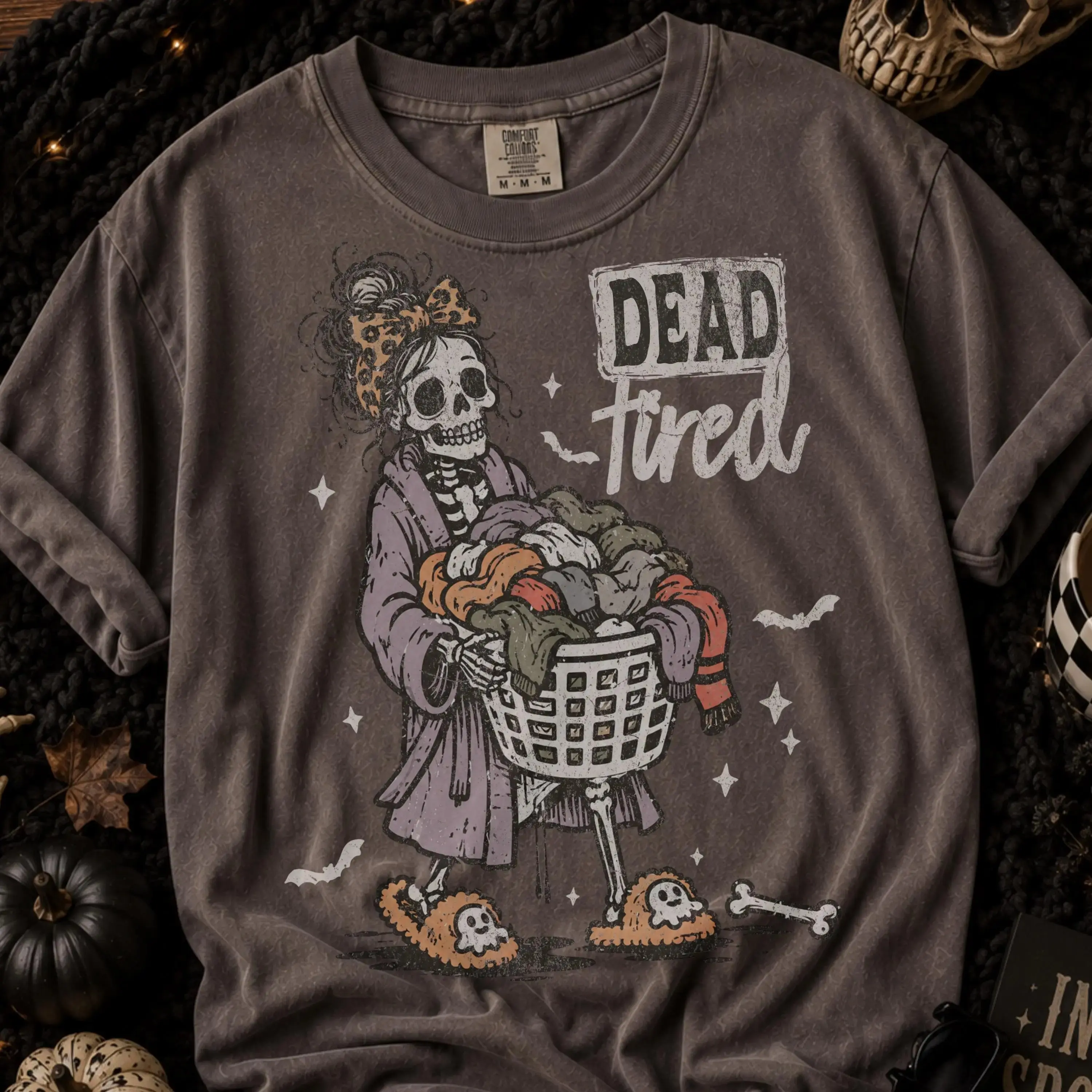 Comfort Colors Tired Mom Halloween Shirt, Cute Sarcastic Skeleton Tee, Funny Retro Spooky Season Mama Fall Vibes - photo 2