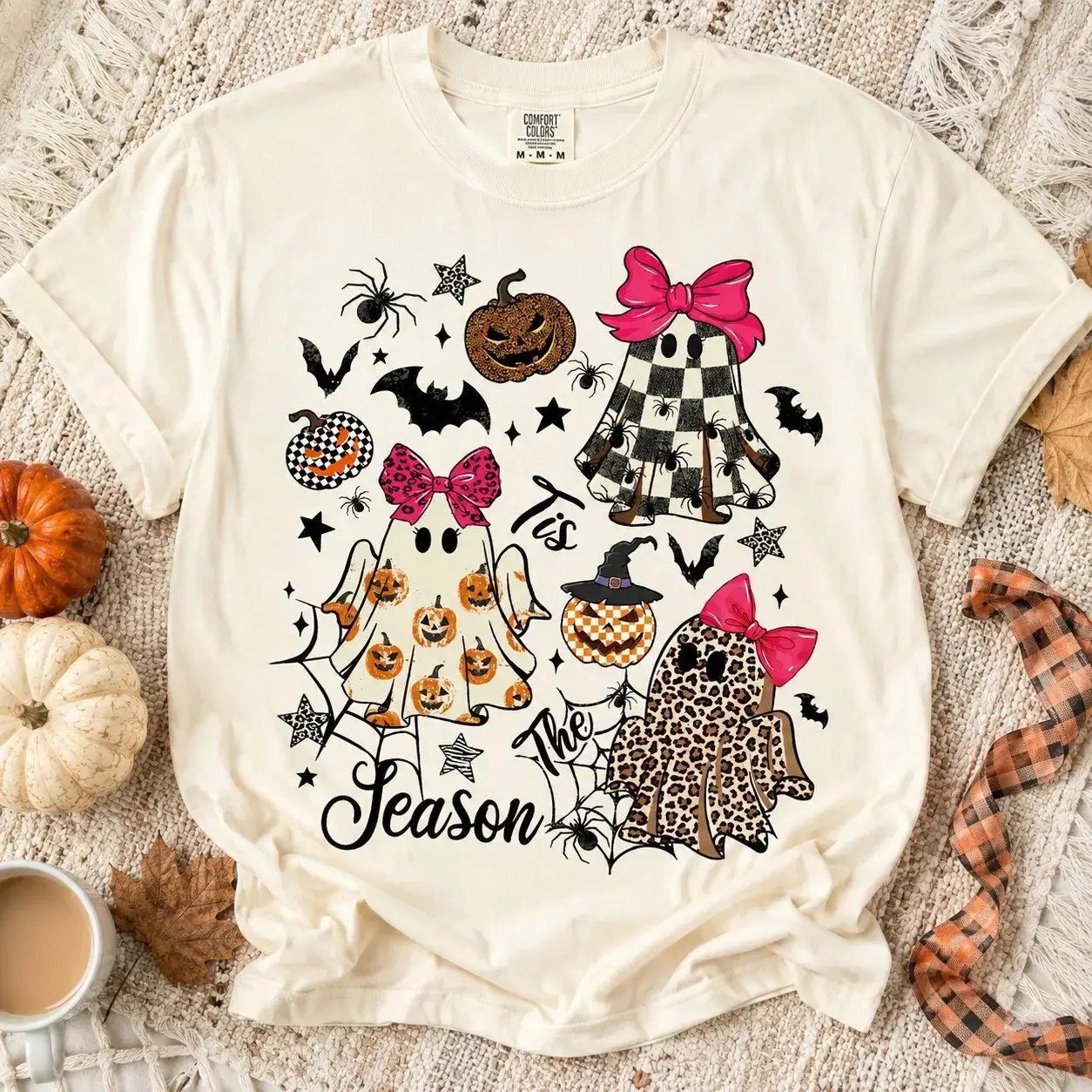 Comfort Colors Tis the Season Bow Ghosts Shirt for Women, Cute Coquette Halloween Tee, Autumn Fall Graphic Top