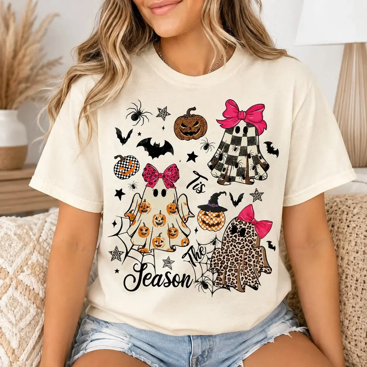 Comfort Colors Tis the Season Bow Ghosts Shirt for Women, Cute Coquette Halloween Tee, Autumn Fall Graphic Top - photo 2