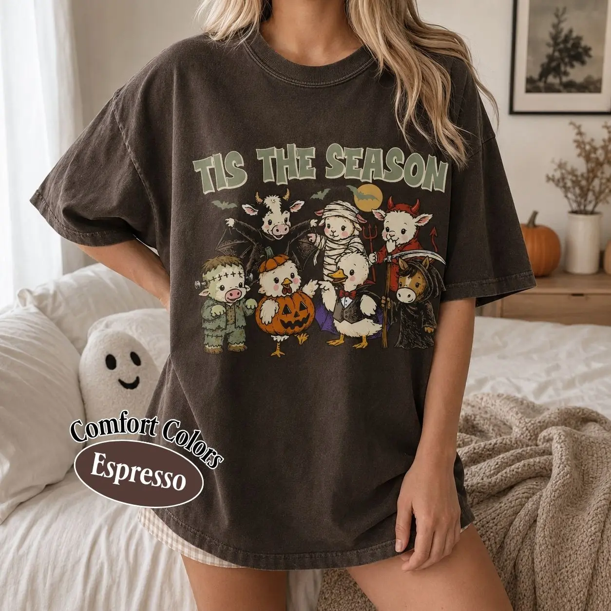 Comfort Colors Tis The Season Farm Animals Halloween Shirt, Cute Cow Duck Sheep Pig Spooky Barnyard Tee - photo 3