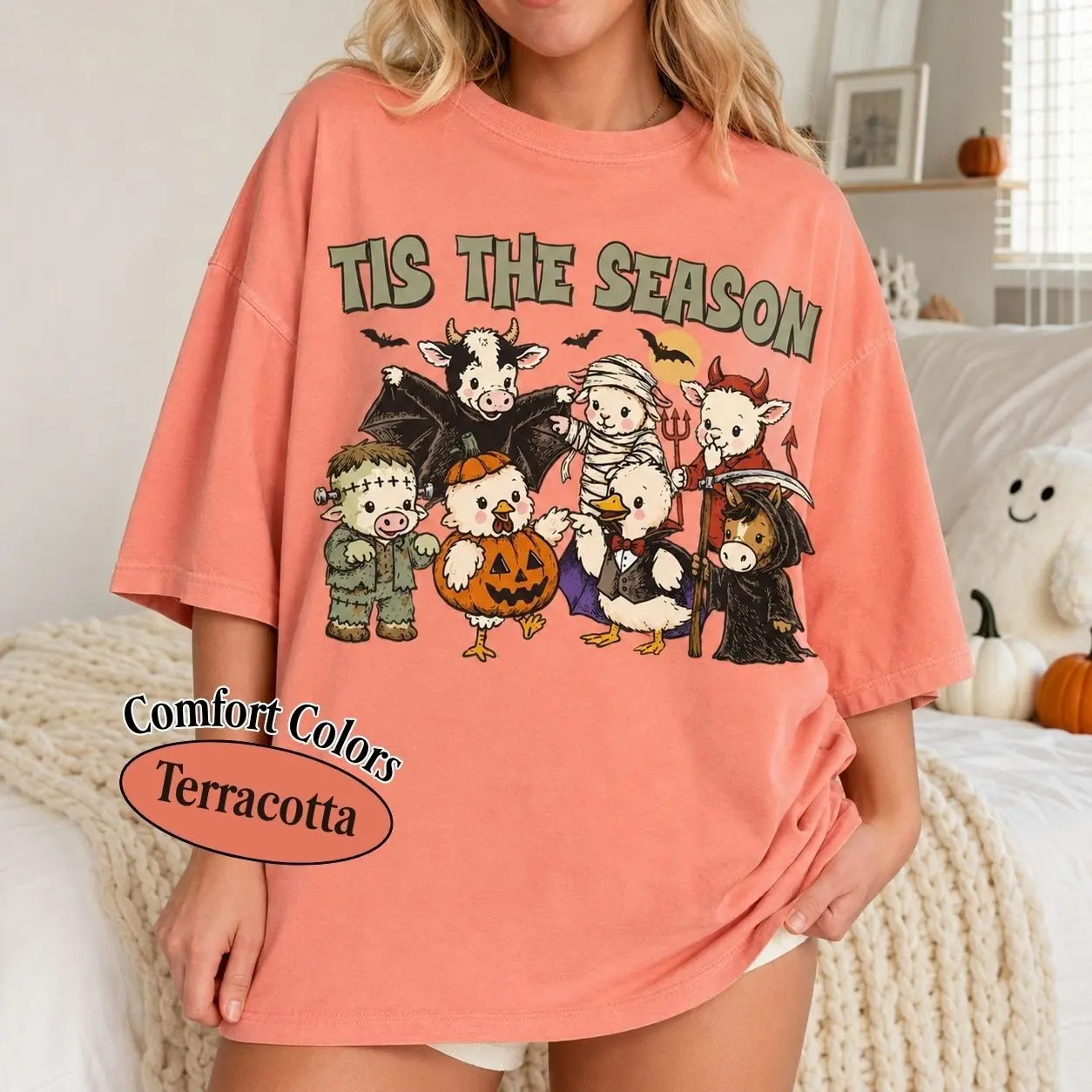 Comfort Colors Tis The Season Farm Animals Halloween Shirt, Cute Cow Duck Sheep Pig Spooky Barnyard Tee - photo 4