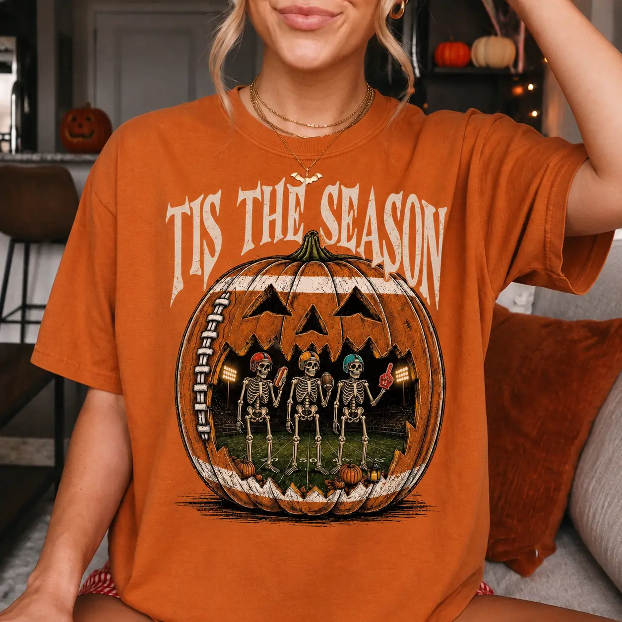Comfort Colors Tis The Season Football Halloween Shirt, Skeleton Pumpkin Spooky Game Day Graphic Tee