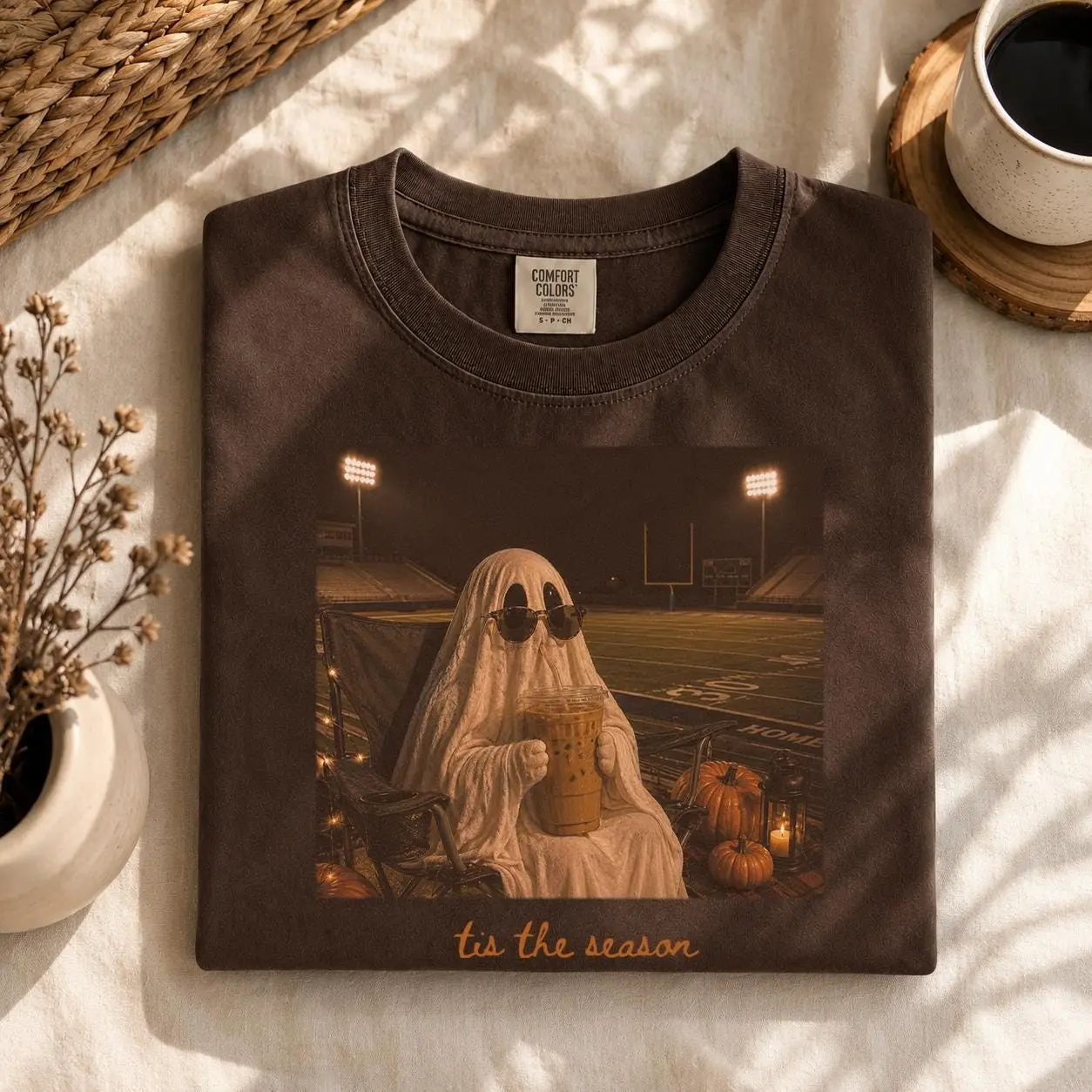 Comfort Colors Tis The Season Football Shirt, Spooky Game Day Ghost Tee, Fall Stadium Graphic Top