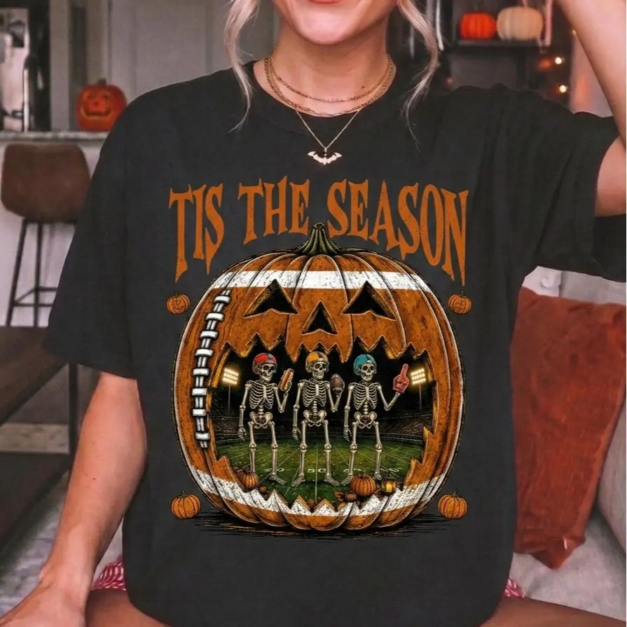 Comfort Colors Tis The Season Football Halloween Shirt, Skeleton Pumpkin Spooky Game Day Graphic Tee - photo 2