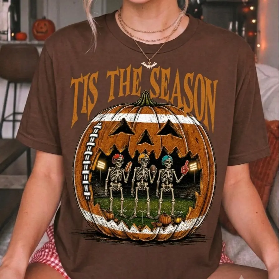 Comfort Colors Tis The Season Football Halloween Shirt, Skeleton Pumpkin Spooky Game Day Graphic Tee - photo 3