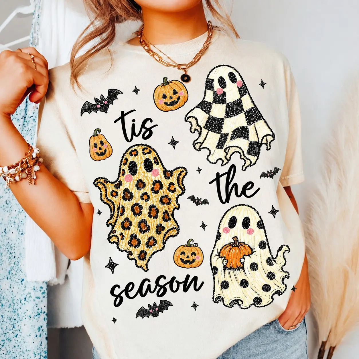 Comfort Colors Tis the Season Ghost Shirt, Checkered Leopard Polka Dot Pumpkin Patch Fall Halloween Tee