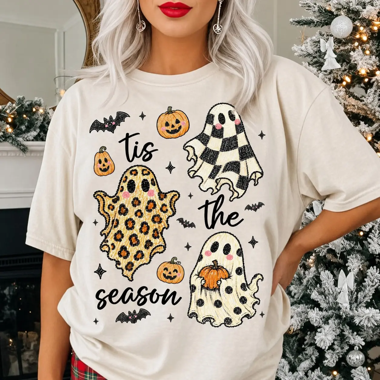 Comfort Colors Tis the Season Ghost Shirt, Checkered Leopard Polka Dot Pumpkin Patch Fall Halloween Tee - photo 2