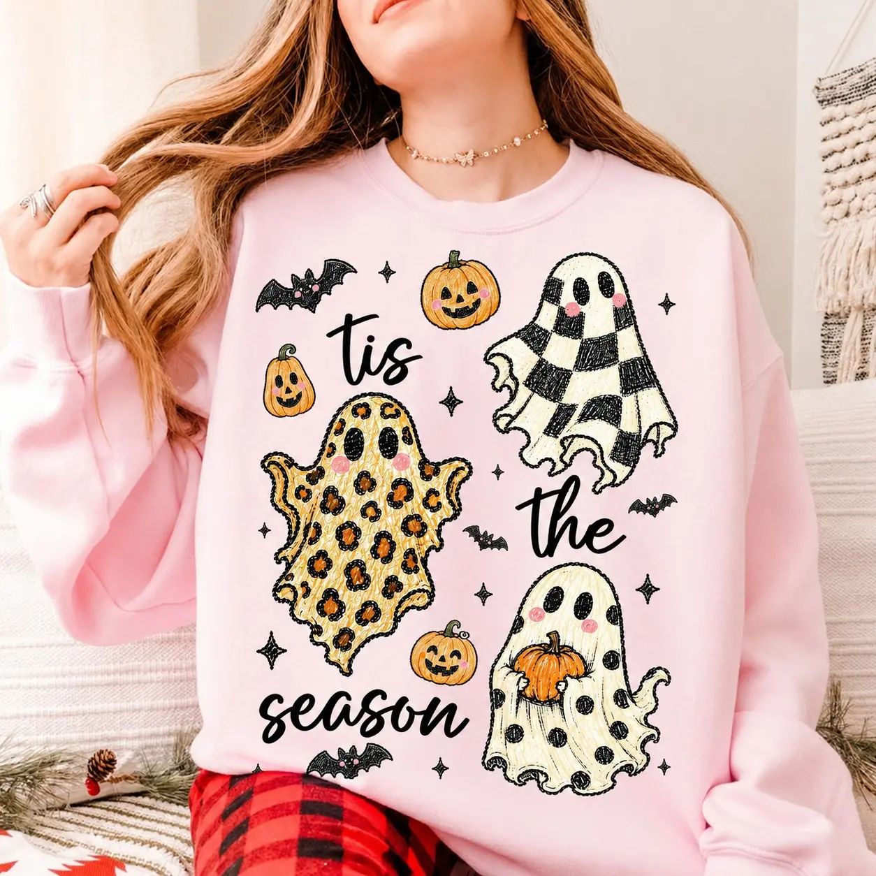 Comfort Colors Tis the Season Ghost Shirt, Checkered Leopard Polka Dot Pumpkin Patch Fall Halloween Tee - photo 3