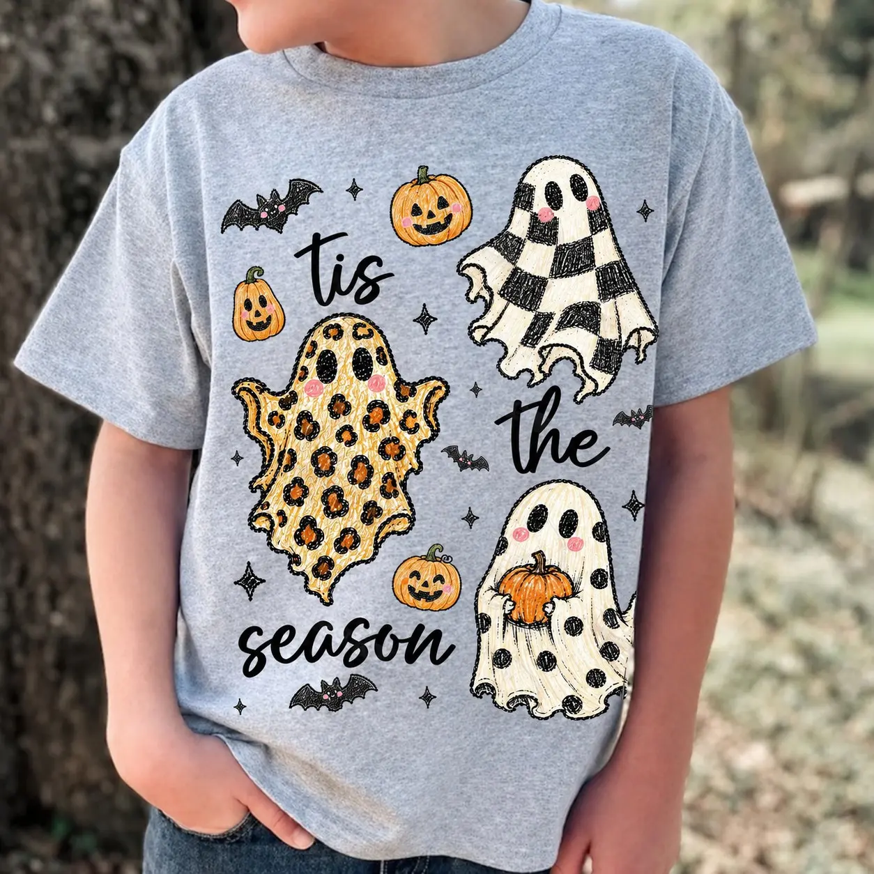 Comfort Colors Tis the Season Ghost Shirt, Checkered Leopard Polka Dot Pumpkin Patch Fall Halloween Tee - photo 4