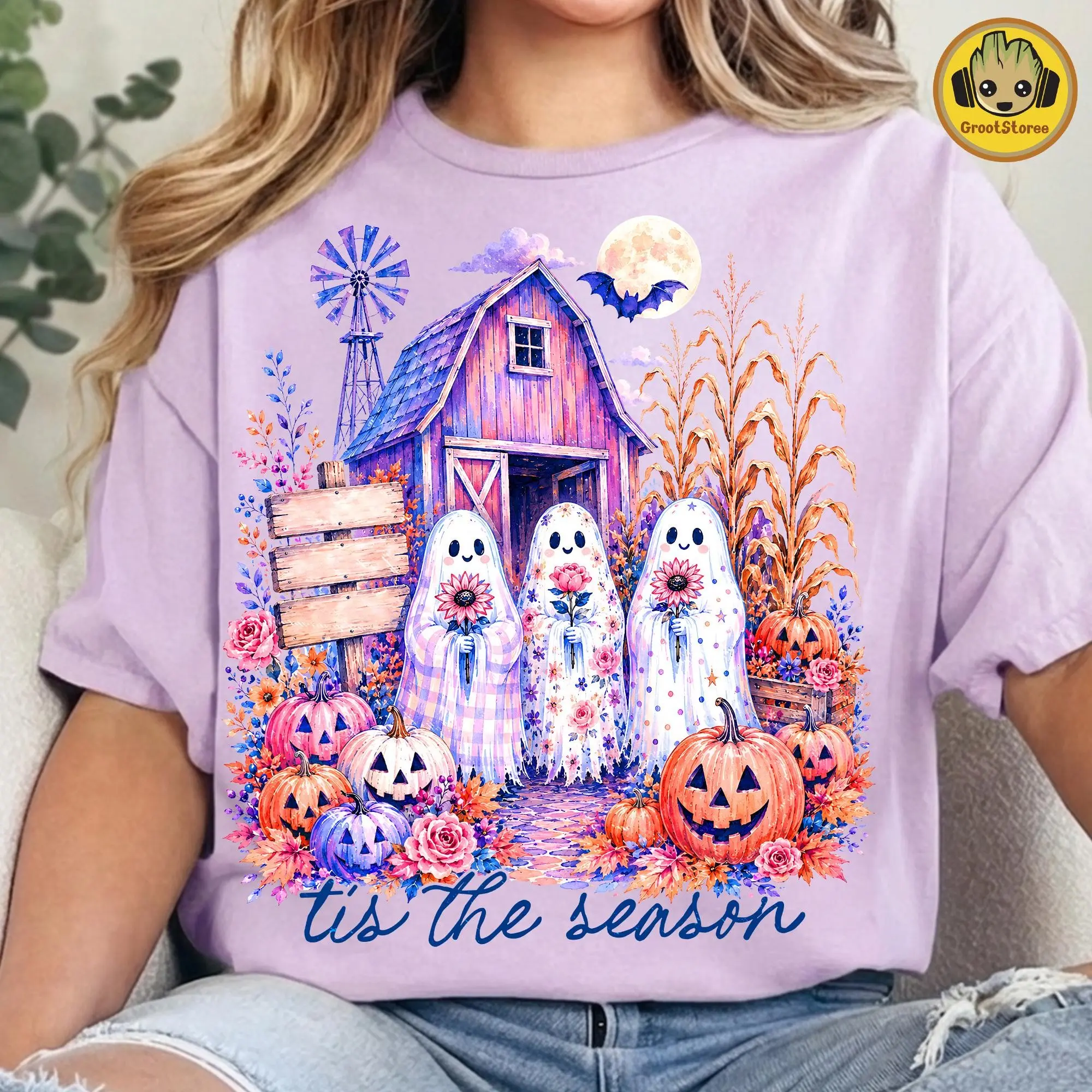 Comfort Colors Tis the Season Ghost Shirt, Unisex Preppy Haunted House Pink Girly Spooky Halloween Tee