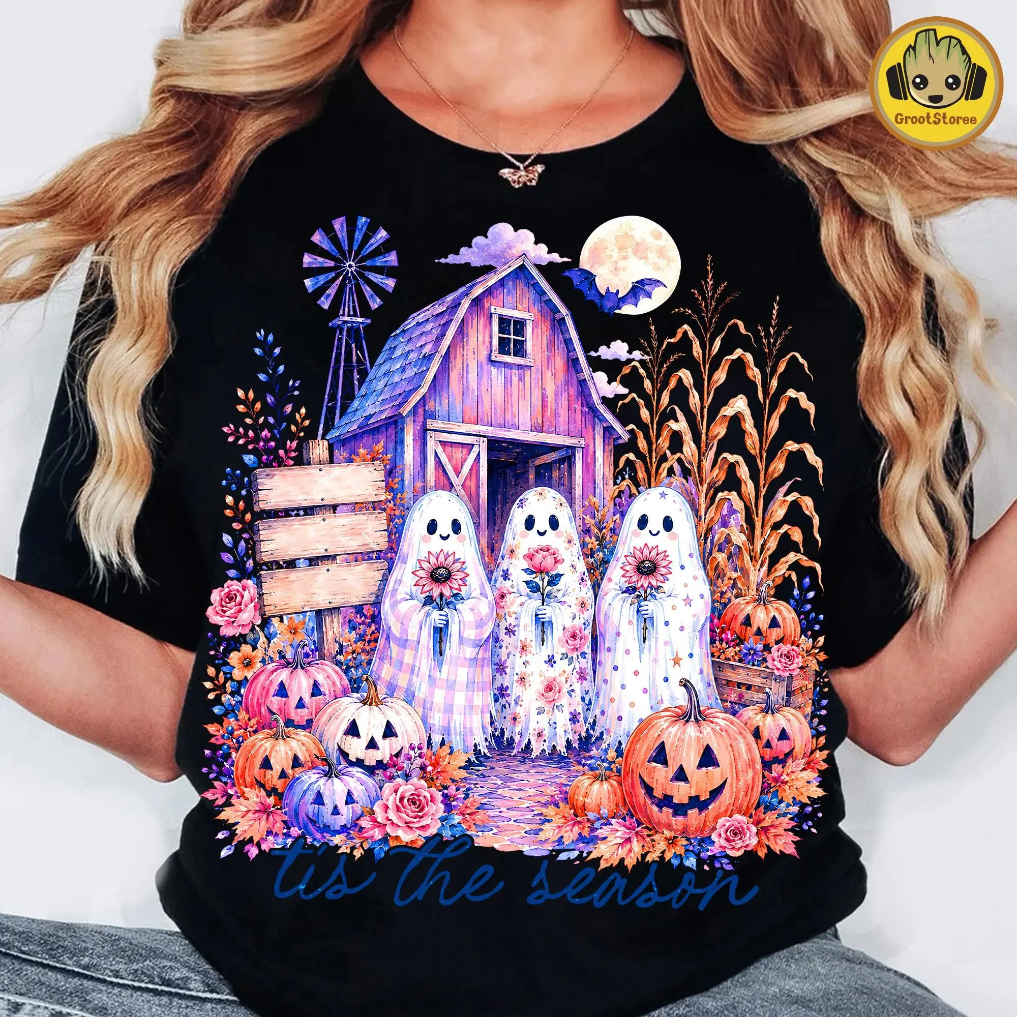 Comfort Colors Tis the Season Ghost Shirt, Unisex Preppy Haunted House Pink Girly Spooky Halloween Tee - photo 3