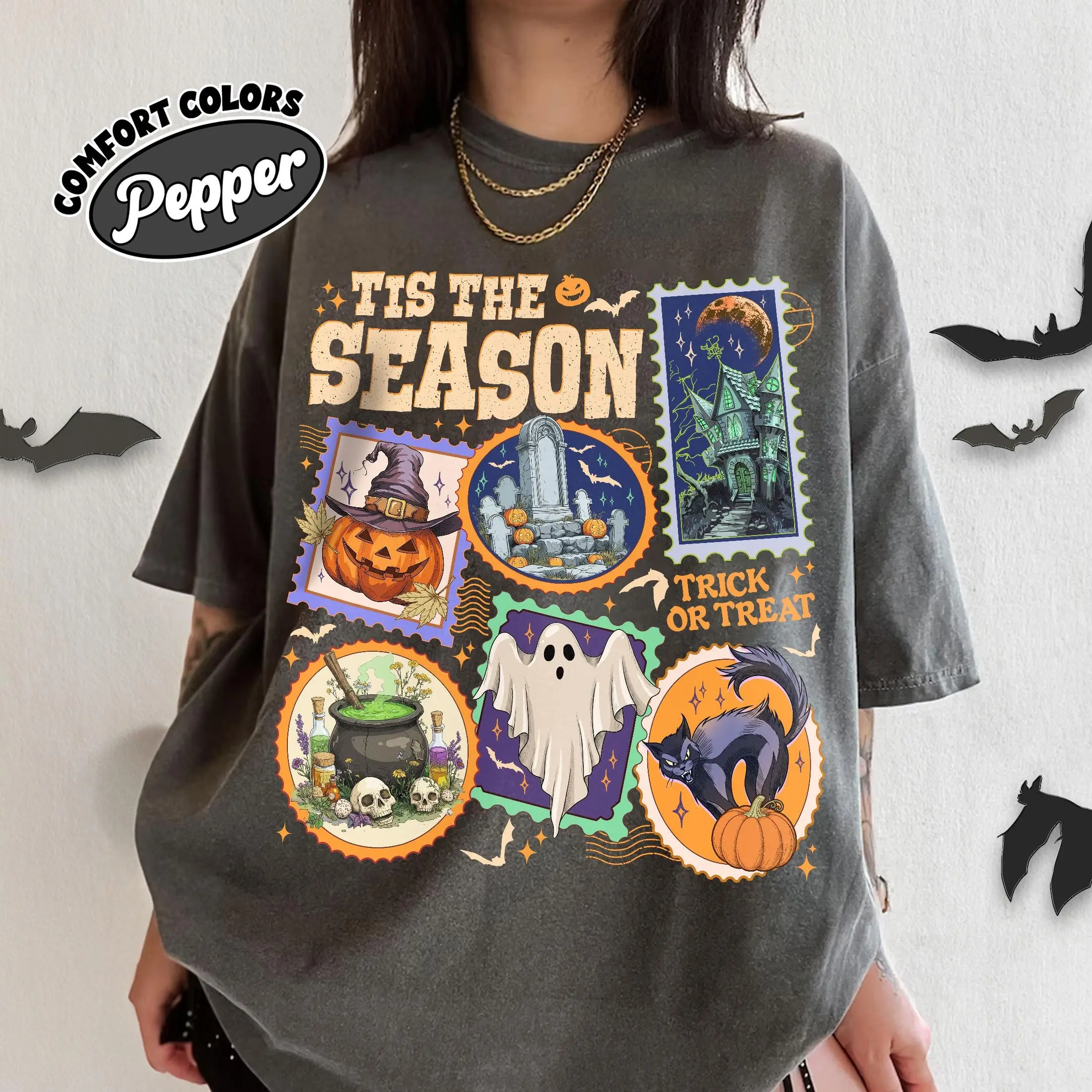Comfort Colors Tis The Season Halloween Stamps Shirt, Vintage Witch Preppy Fall Vibes Spooky Tee Gift