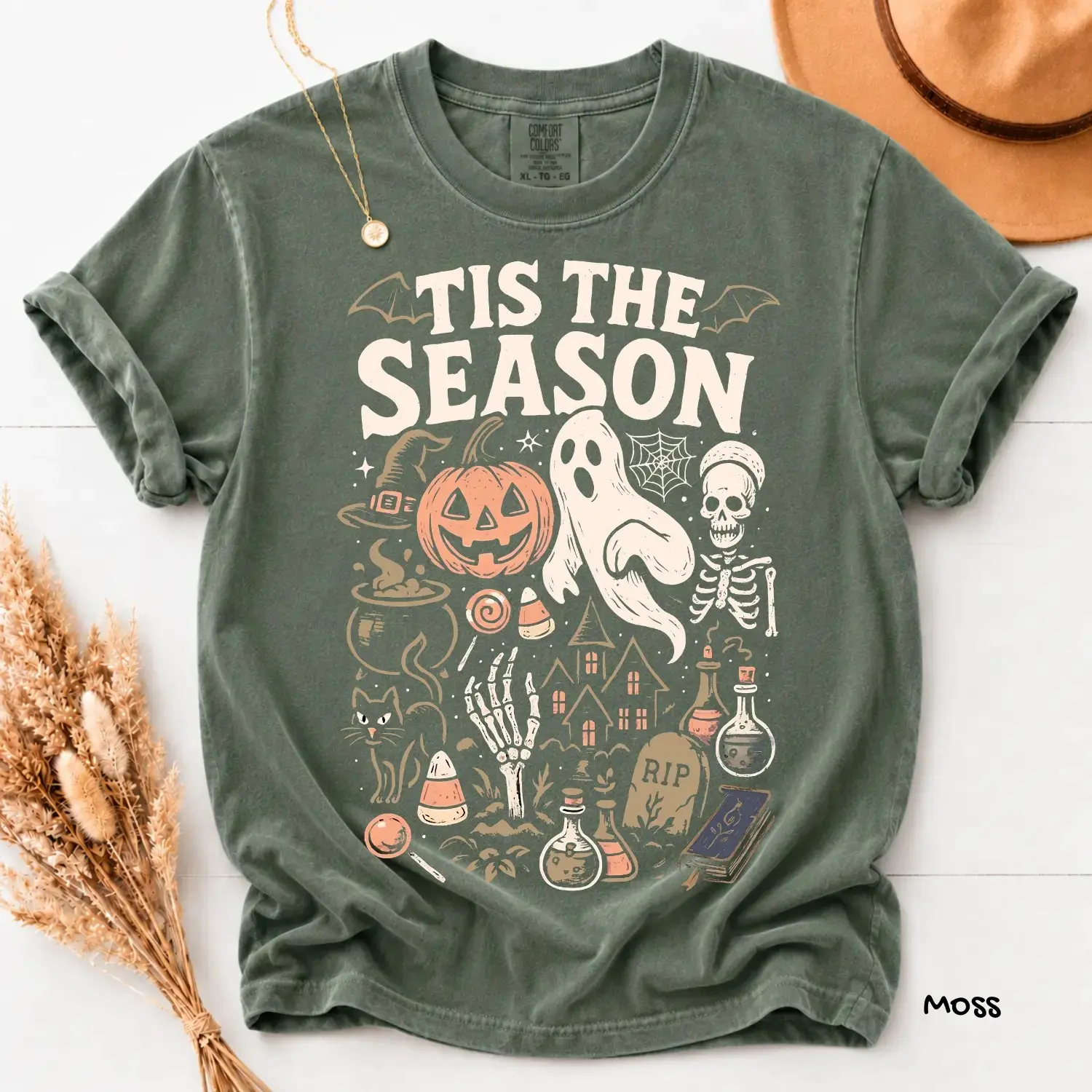 Comfort Colors Tis The Season Halloween T Shirt, Vintage Skeleton Pumpkin Ghost Retro Y2K Graphic Tee
