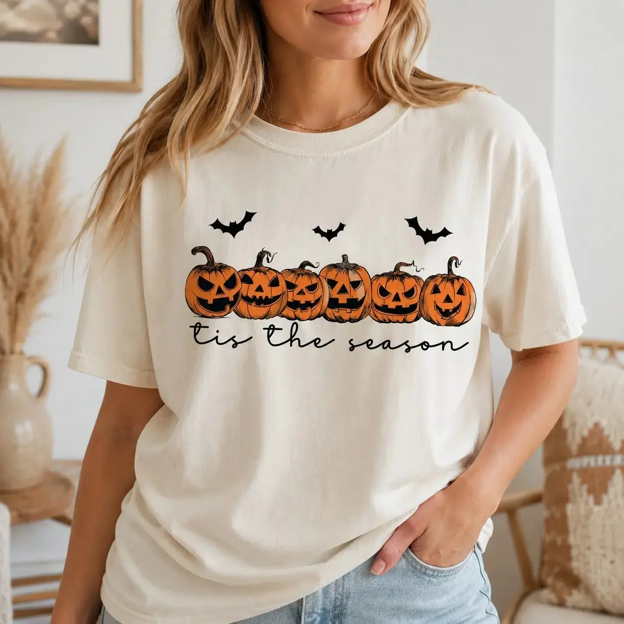 Comfort Colors Tis the Season Jack-o-Lantern Shirt, Vintage Halloween Pumpkin Tee, Spooky Retro Fall Top for Women - photo 2