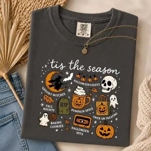 Comfort Colors Tis The Season Shirt, Halloween Pumpkin Spice Tee, Spooky Fall Graphic Ghost Witch Skull Trick Or Treat Top