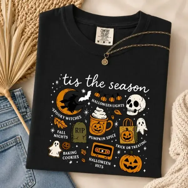 Comfort Colors Tis The Season Shirt, Halloween Pumpkin Spice Tee, Spooky Fall Graphic Ghost Witch Skull Trick Or Treat Top - photo 2