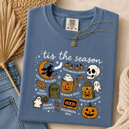 Comfort Colors Tis The Season Shirt, Halloween Pumpkin Spice Tee, Spooky Fall Graphic Ghost Witch Skull Trick Or Treat Top - photo 3